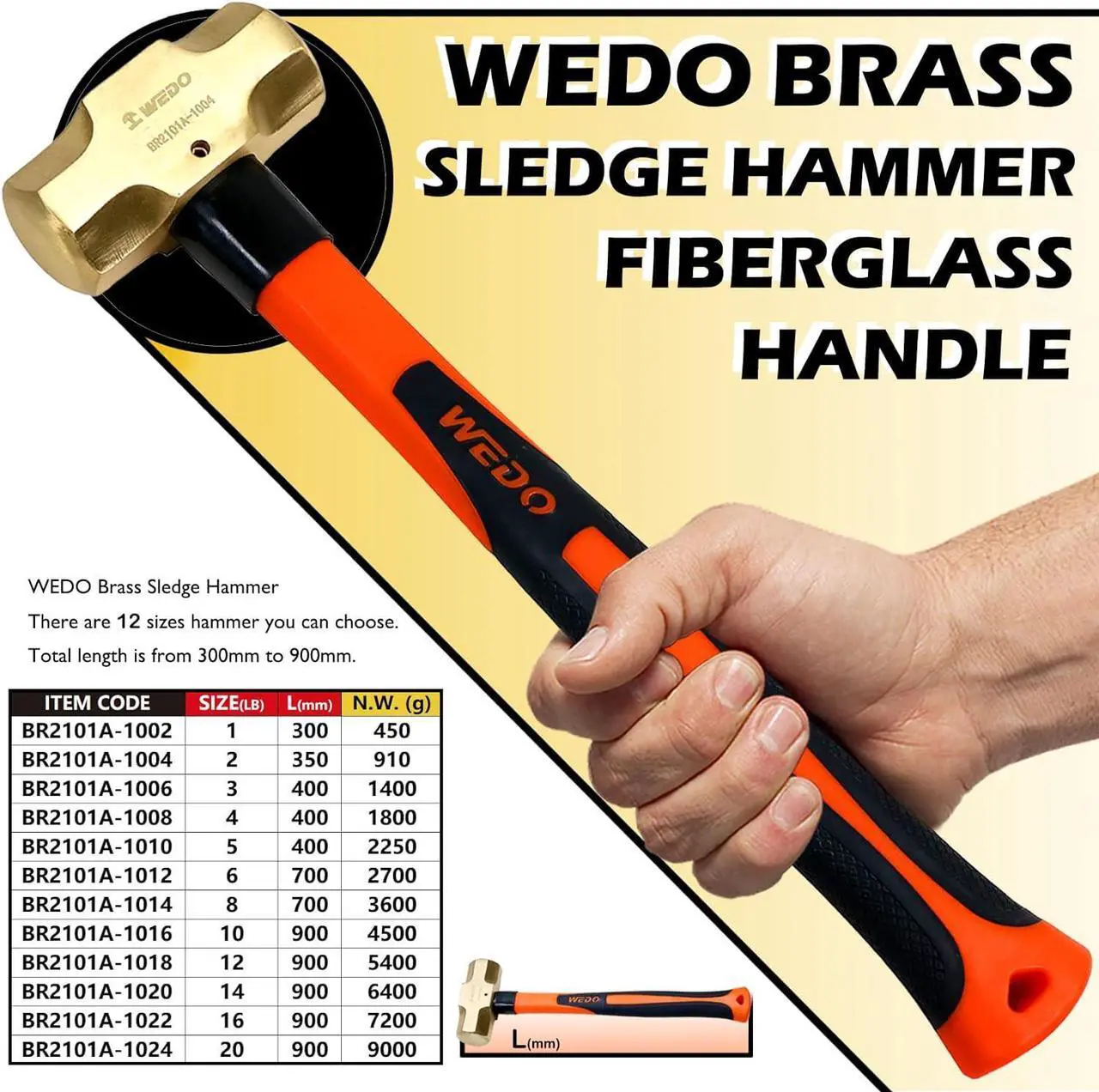 Alt view image 2 of 6 - WEDO Brass Sledge Hammer With Fiberglass Handle, Non-Magnetic, Die-Forge, Corrosion Resistant, DIN Standard, 1lb, 300mm, 12"