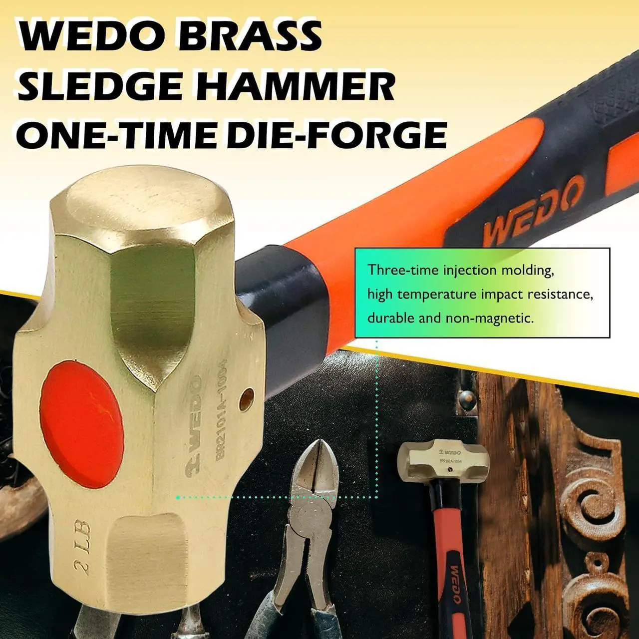 Alt view image 3 of 6 - WEDO Brass Sledge Hammer With Fiberglass Handle, Non-Magnetic, Die-Forge, Corrosion Resistant, DIN Standard, 1lb, 300mm, 12"