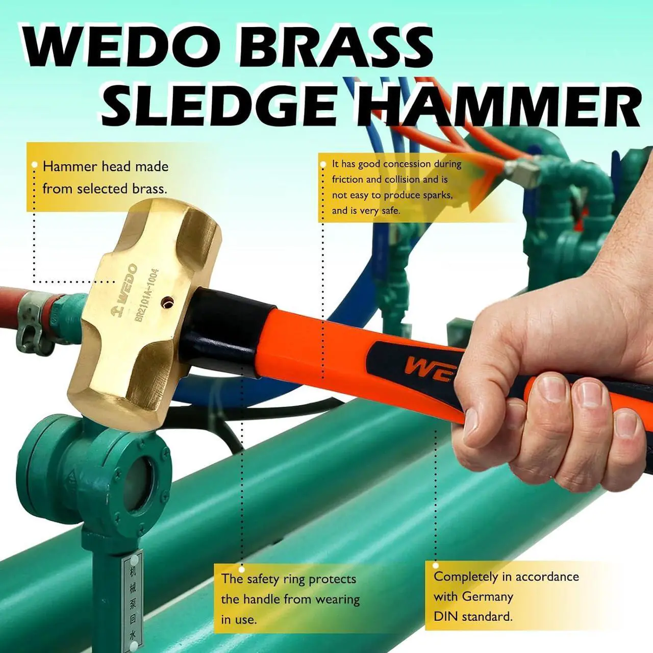 Alt view image 5 of 6 - WEDO Brass Sledge Hammer With Fiberglass Handle, Non-Magnetic, Die-Forge, Corrosion Resistant, DIN Standard, 1lb, 300mm, 12"