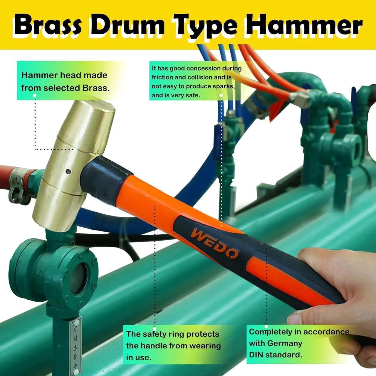 Alt view image 5 of 6 - WEDO Brass Hammer 1-1/2lb,Sledge Hammer,Solid Brass Mallet Hammer,Fiberglass Hammer Handle,Length 340mm,Die-Forged, Corrosion Resistant, DIN Standard