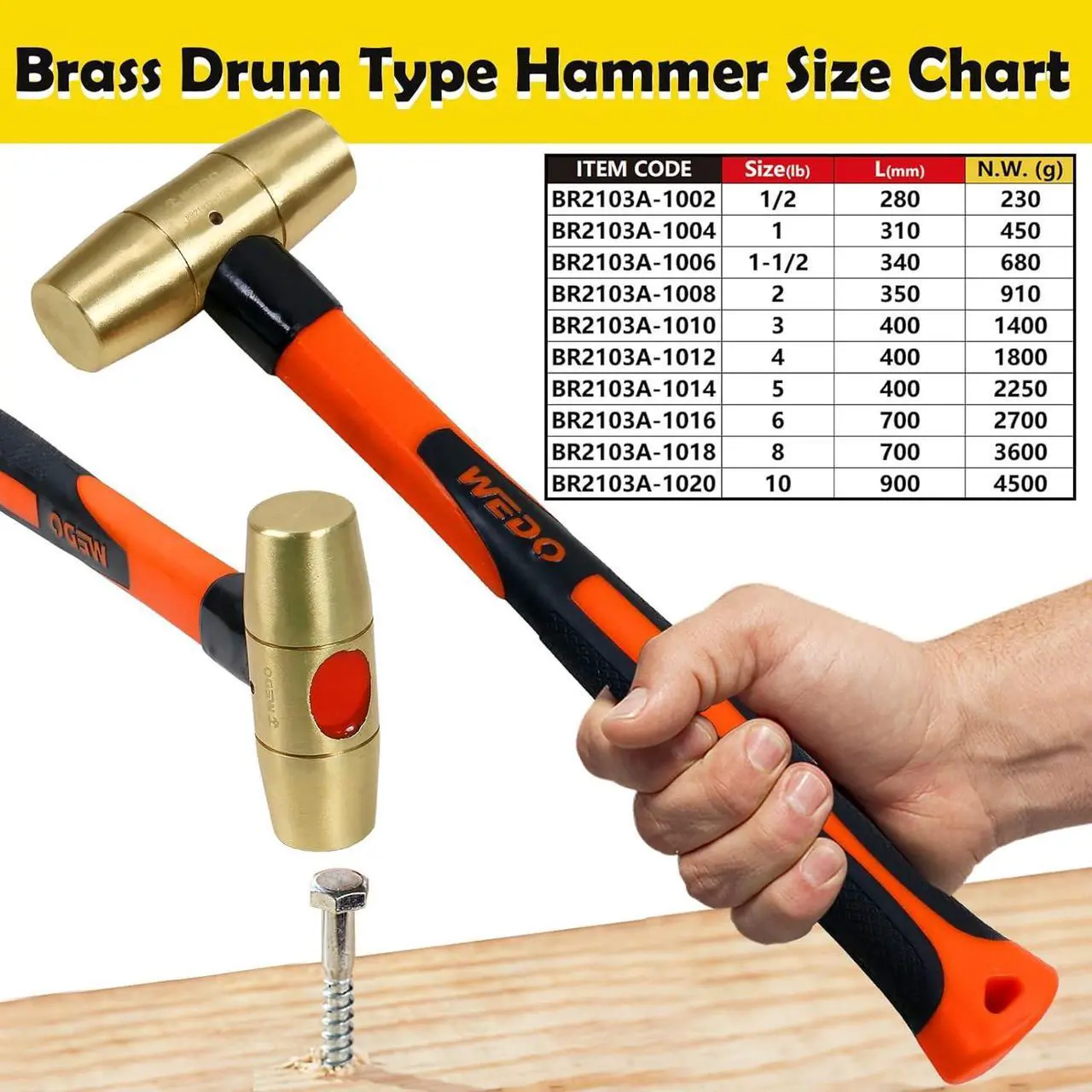 Alt view image 2 of 6 - WEDO Brass Hammer with Fiberglass Handle, Drum Type Hammer, Non-Magnetic, Die-Forge, Corrosion Resistant, DIN Standard, 2lb, 350mm Length
