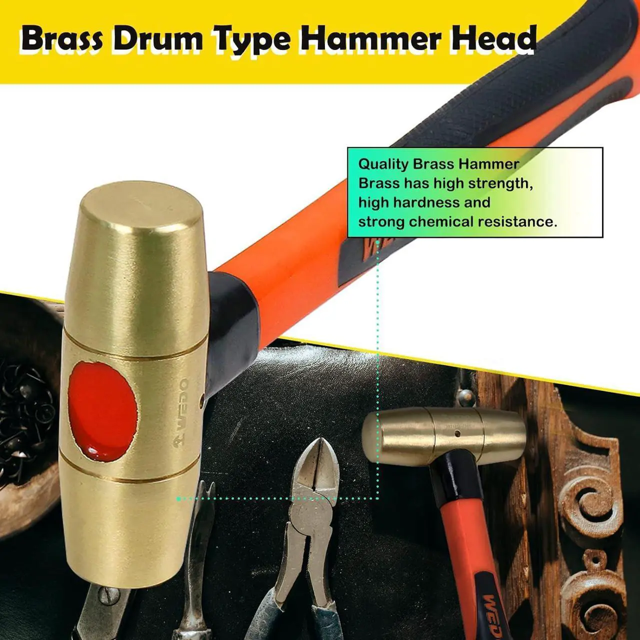 Alt view image 3 of 6 - WEDO Brass Hammer with Fiberglass Handle, Drum Type Hammer, Non-Magnetic, Die-Forge, Corrosion Resistant, DIN Standard, 2lb, 350mm Length