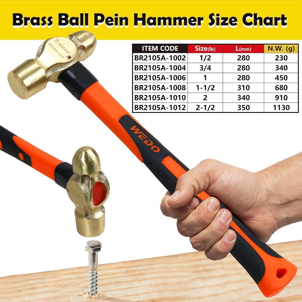 Alt view image 2 of 6 - WEDO Brass Ball Peen Hammer with Fiberglass Handle,Ball Pein Hammer, 1/2lb, 280mm, 11"