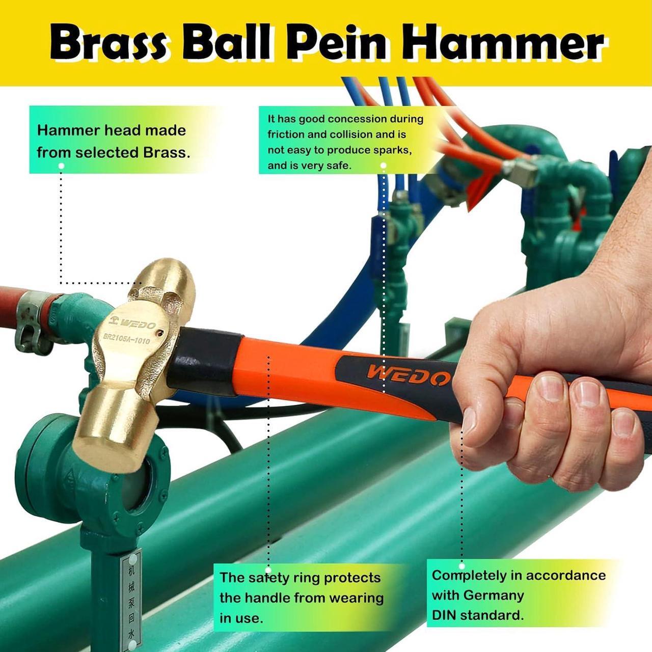 Alt view image 5 of 6 - WEDO Brass Ball Peen Hammer with Fiberglass Handle,Ball Pein Hammer, 1/2lb, 280mm, 11"