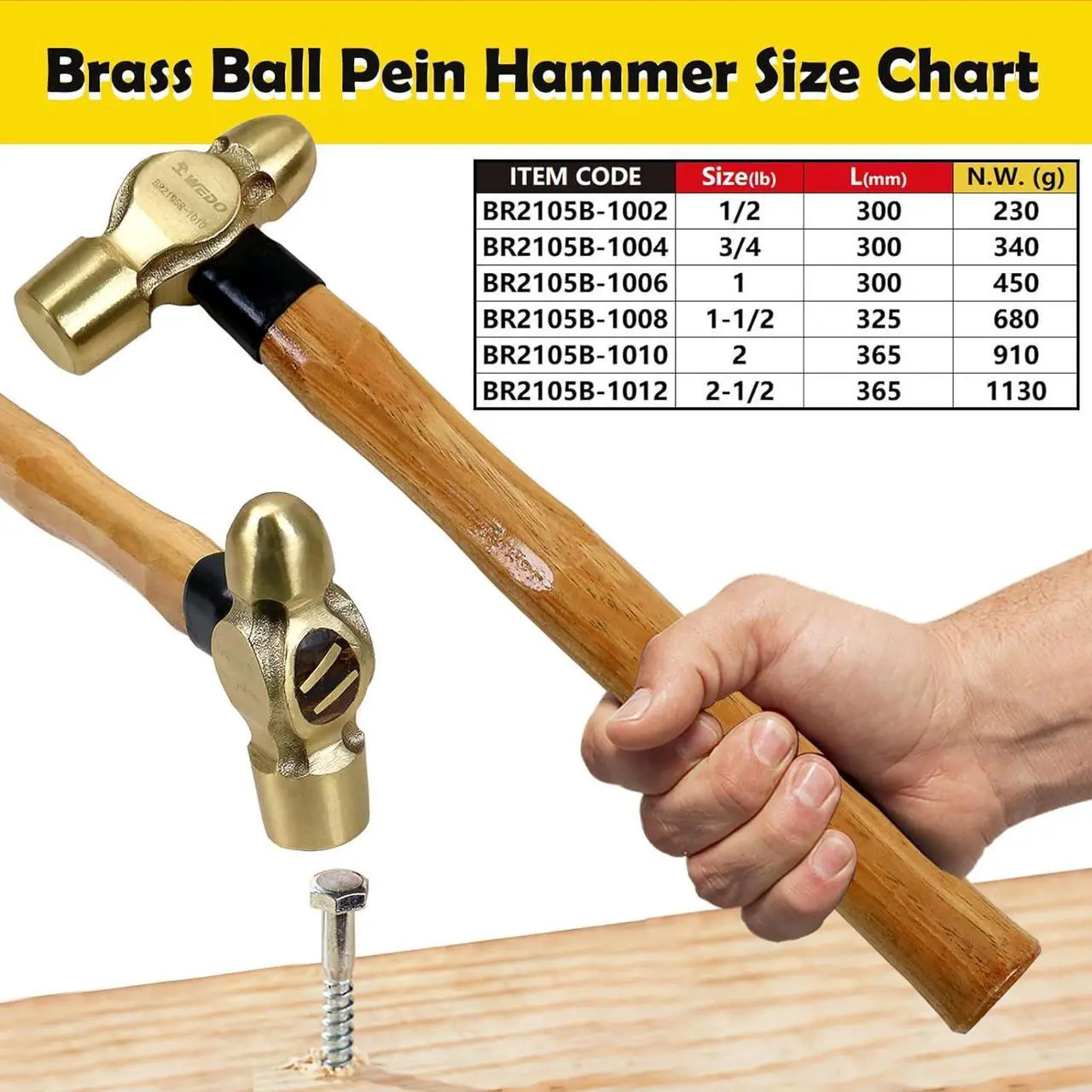 Alt view image 2 of 6 - WEDO Brass Ball Peen Hammer 32 oz(2lb), Ball Pein Hammer with Wooden Handle, Length 340mm(13"), Die-Forged, Corrosion Resistant, DIN Standard