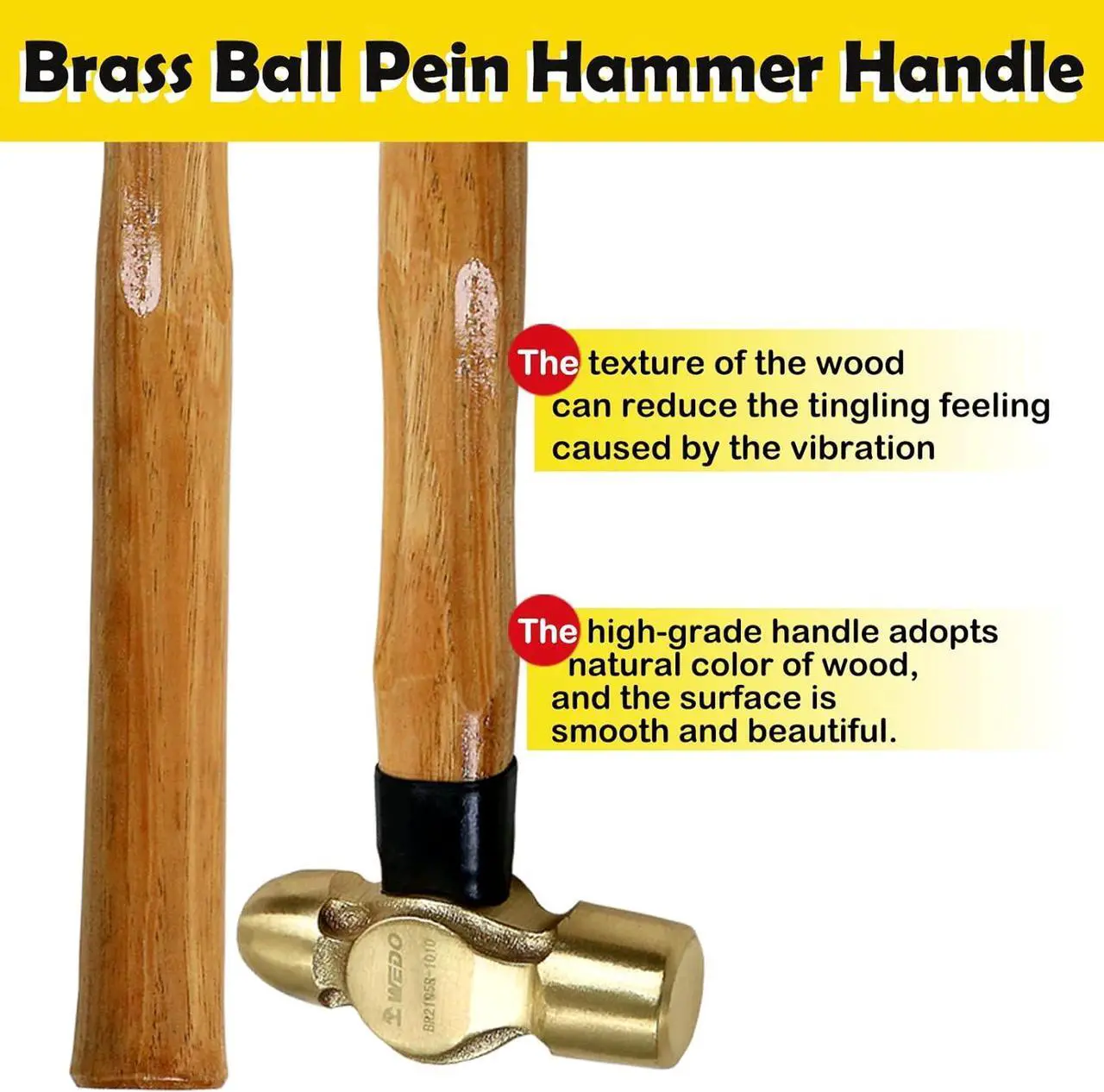 Alt view image 4 of 6 - WEDO Brass Ball Peen Hammer 32 oz(2lb), Ball Pein Hammer with Wooden Handle, Length 340mm(13"), Die-Forged, Corrosion Resistant, DIN Standard