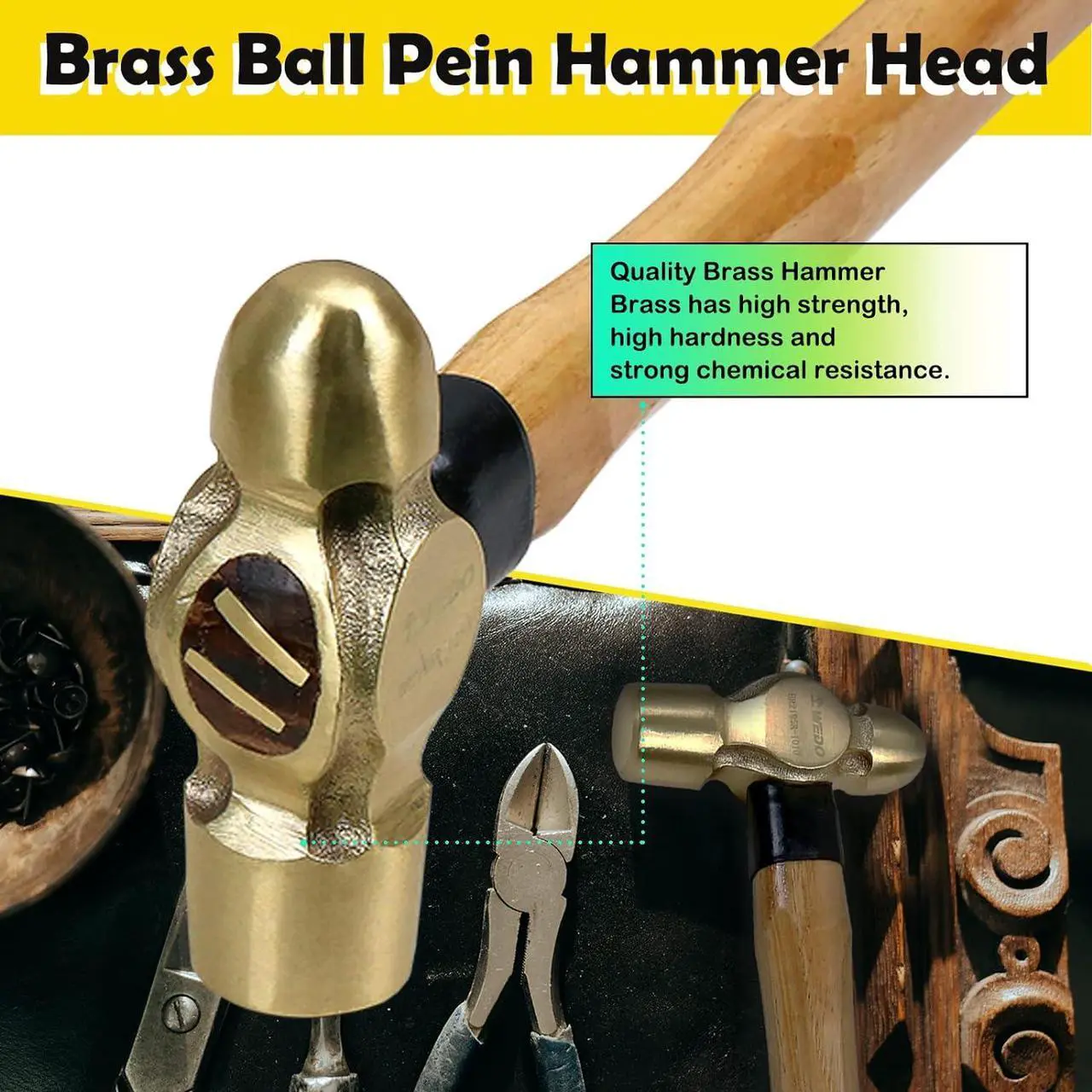 Alt view image 3 of 6 - WEDO Brass Ball Peen Hammer 32 oz(2lb), Ball Pein Hammer with Wooden Handle, Length 340mm(13"), Die-Forged, Corrosion Resistant, DIN Standard