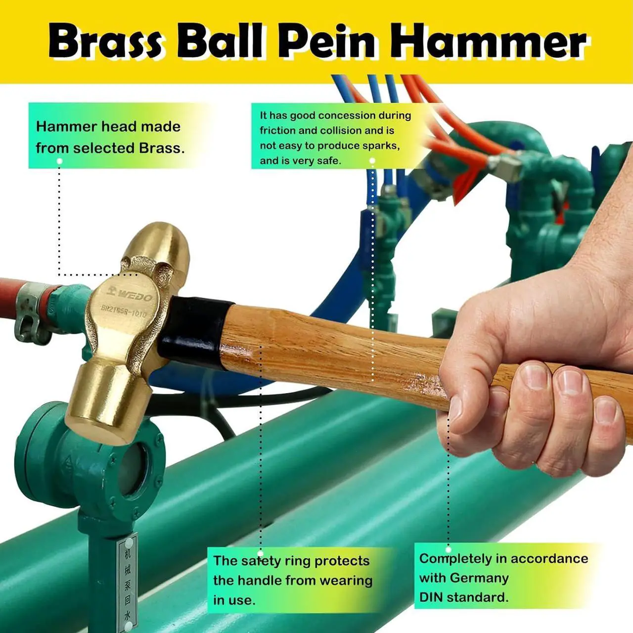 Alt view image 5 of 6 - WEDO Brass Ball Peen Hammer 32 oz(2lb), Ball Pein Hammer with Wooden Handle, Length 340mm(13"), Die-Forged, Corrosion Resistant, DIN Standard