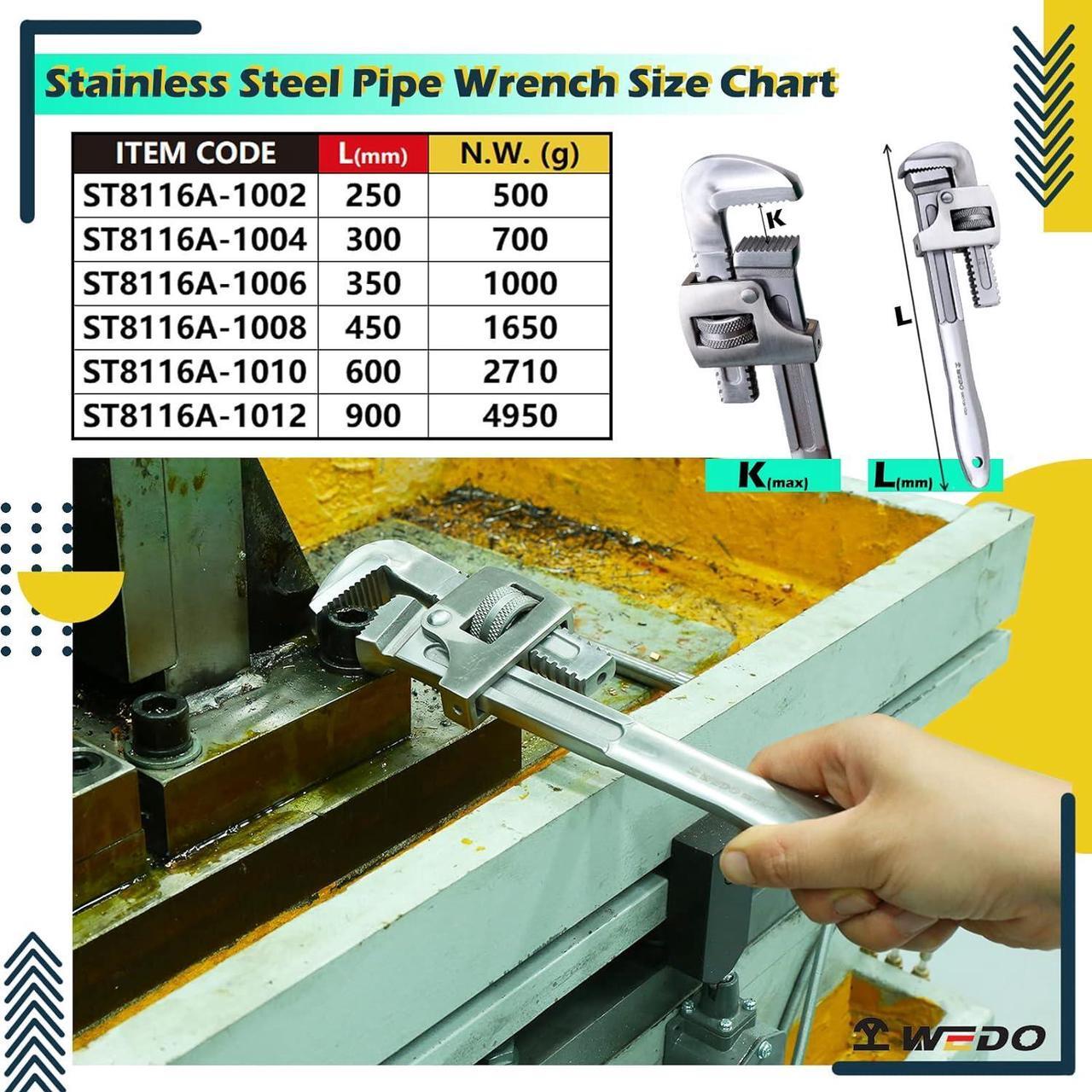 Alt view image 2 of 6 - WEDO Stainless Steel Pipe Wrench,10-INCH Straight Plumbing Wrench,Adjustable Pipe Spanner,Anti-corrosion,Polished Surface,DIN,Die-forged,Rust-Proof,Length 250mm