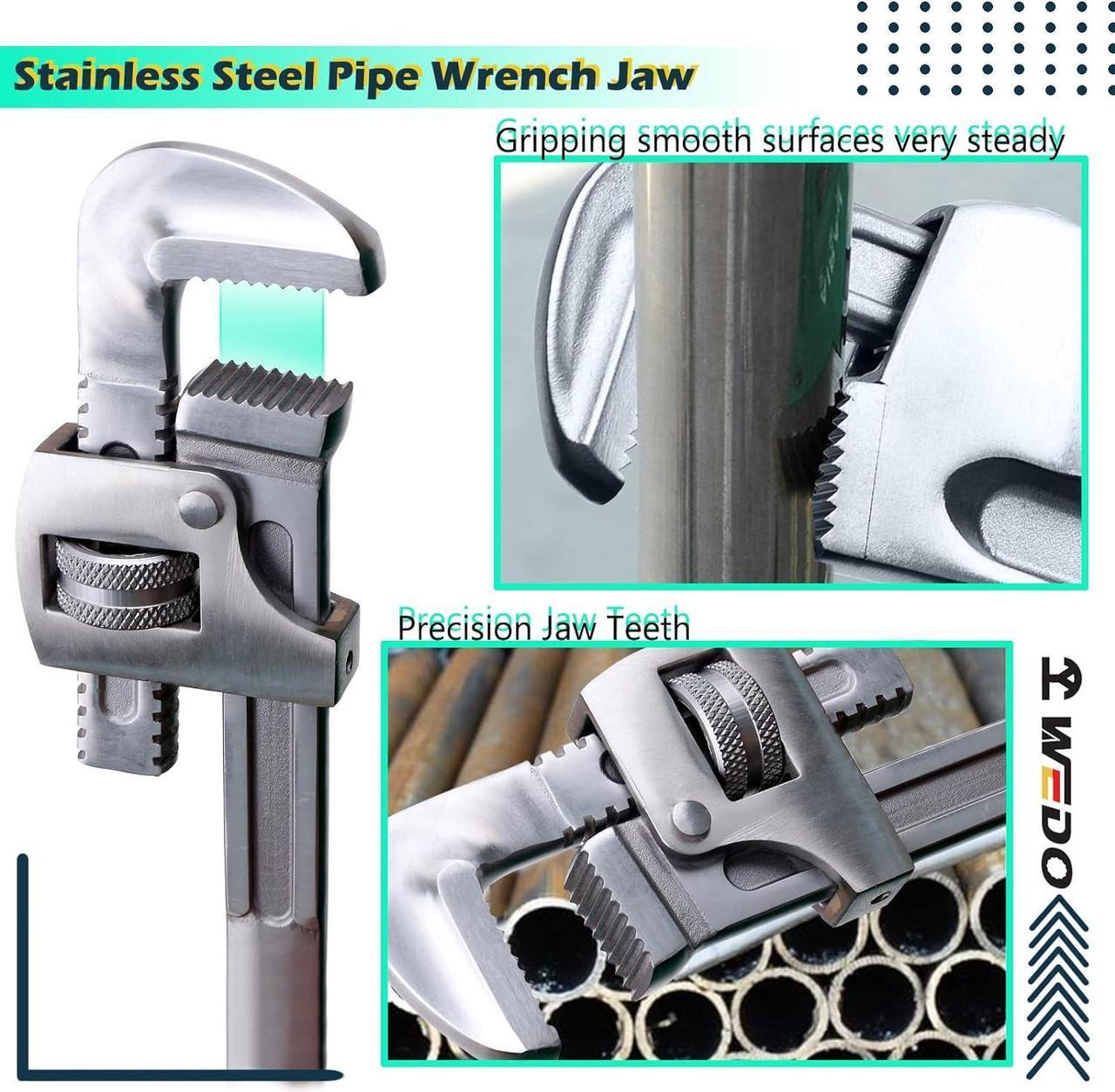Alt view image 3 of 6 - WEDO Stainless Steel Pipe Wrench,10-INCH Straight Plumbing Wrench,Adjustable Pipe Spanner,Anti-corrosion,Polished Surface,DIN,Die-forged,Rust-Proof,Length 250mm