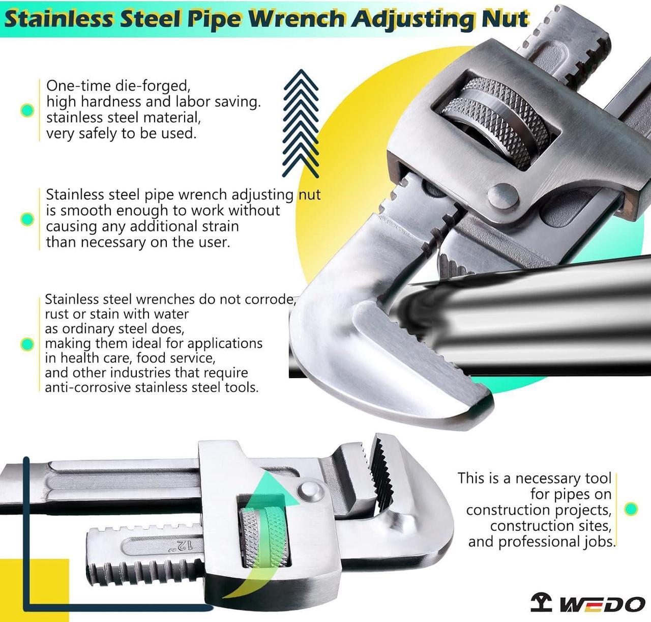Alt view image 4 of 6 - WEDO Stainless Steel Pipe Wrench,10-INCH Straight Plumbing Wrench,Adjustable Pipe Spanner,Anti-corrosion,Polished Surface,DIN,Die-forged,Rust-Proof,Length 250mm