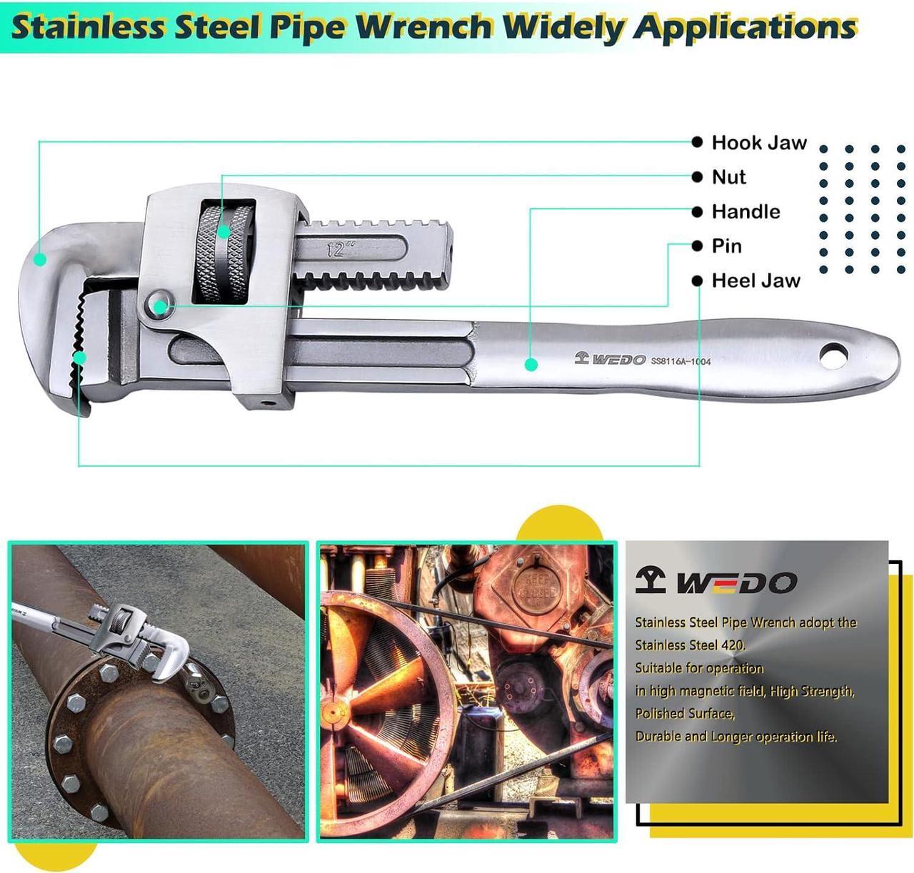 Alt view image 5 of 6 - WEDO Stainless Steel Pipe Wrench,10-INCH Straight Plumbing Wrench,Adjustable Pipe Spanner,Anti-corrosion,Polished Surface,DIN,Die-forged,Rust-Proof,Length 250mm