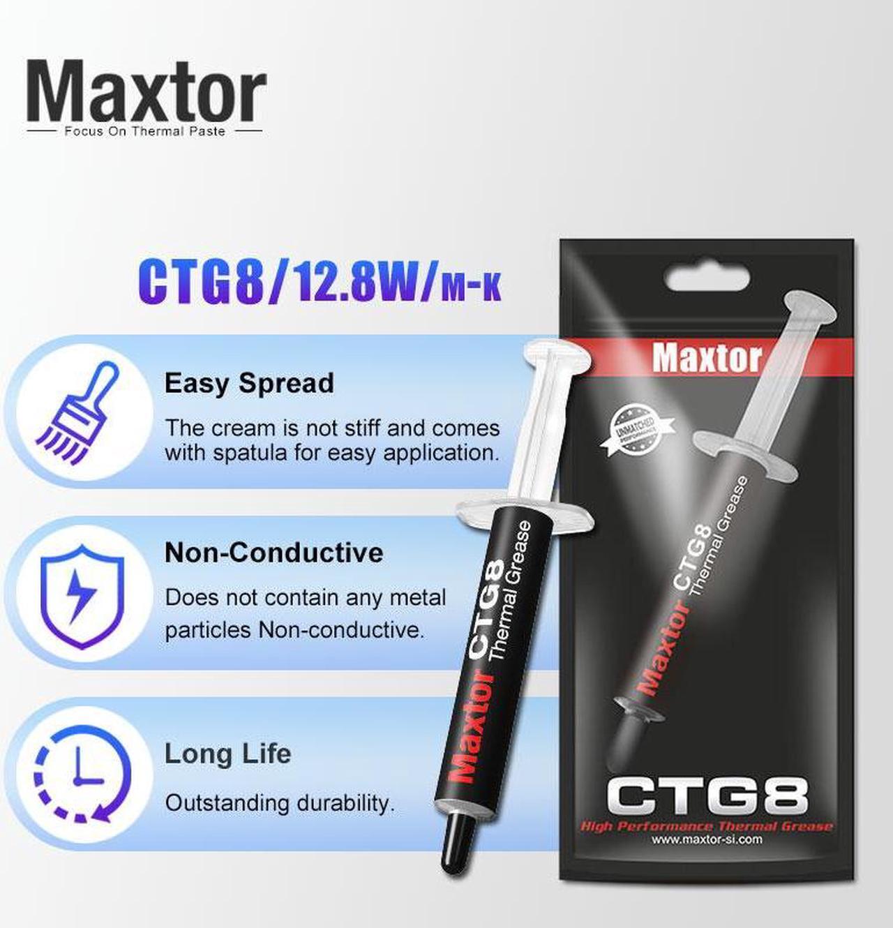 Alt view image 2 of 7 - Maxtor Thermal CTG8 12.8W/mk thermal paste,Gaming grade CPU/GPU/cooling fan overclocking thermal grease,High TDP device cooling solution,4g syringe installation