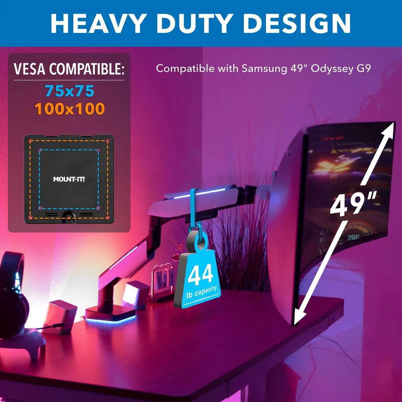 Alt view image 3 of 5 - Mount-It! Heavy-Duty Ultrawide Monitor Arm up to 49" / 44 lb for Samsung Odyssey G9, 75x75 and 100x100 VESA Desk Mount for Widescreen Curved Monitors, Gas Spring, RGB Lights, Clamp and Grommet