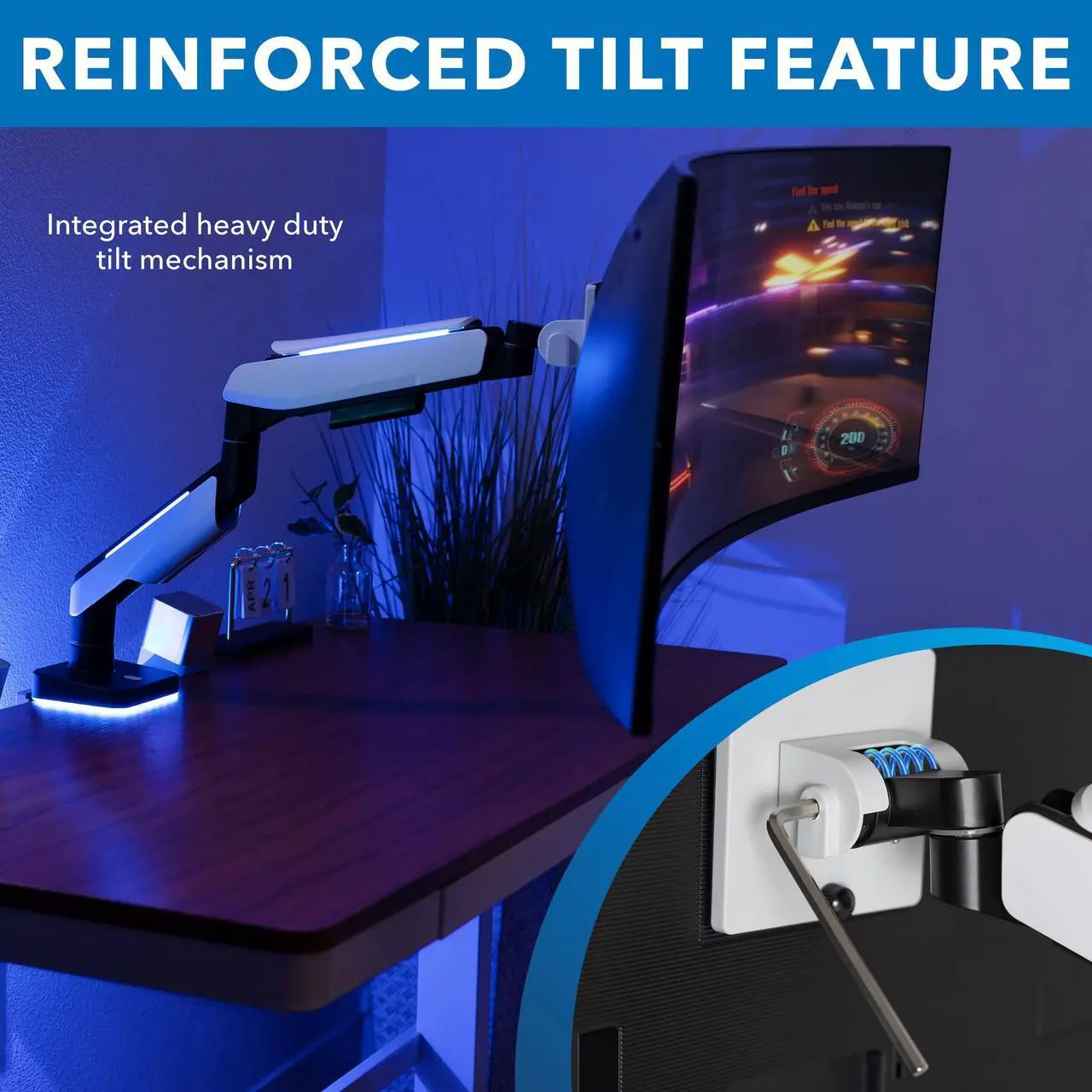 Alt view image 5 of 5 - Mount-It! Heavy-Duty Ultrawide Monitor Arm up to 49" / 44 lb for Samsung Odyssey G9, 75x75 and 100x100 VESA Desk Mount for Widescreen Curved Monitors, Gas Spring, RGB Lights, Clamp and Grommet