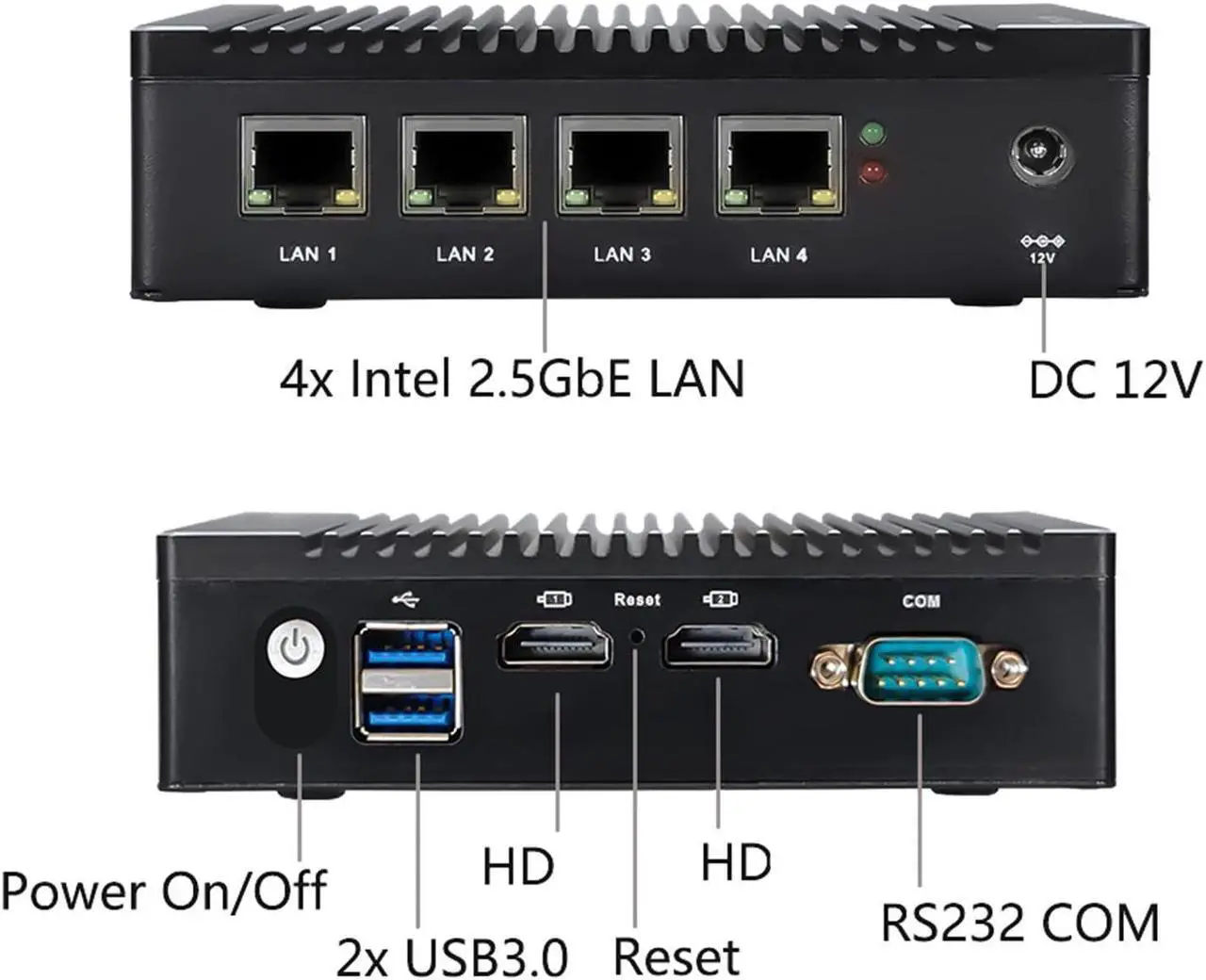 Alt view image 2 of 5 - VNOPN Micro Firewall Appliance N3700 Quad Core, 2.5GbE Intel 4 Ports Dual HD, Fanless Mini PC 8GB DDR3 128GB mSATA SSD, Network Router Box, RS232 COM, Support AES NI Windows 10
