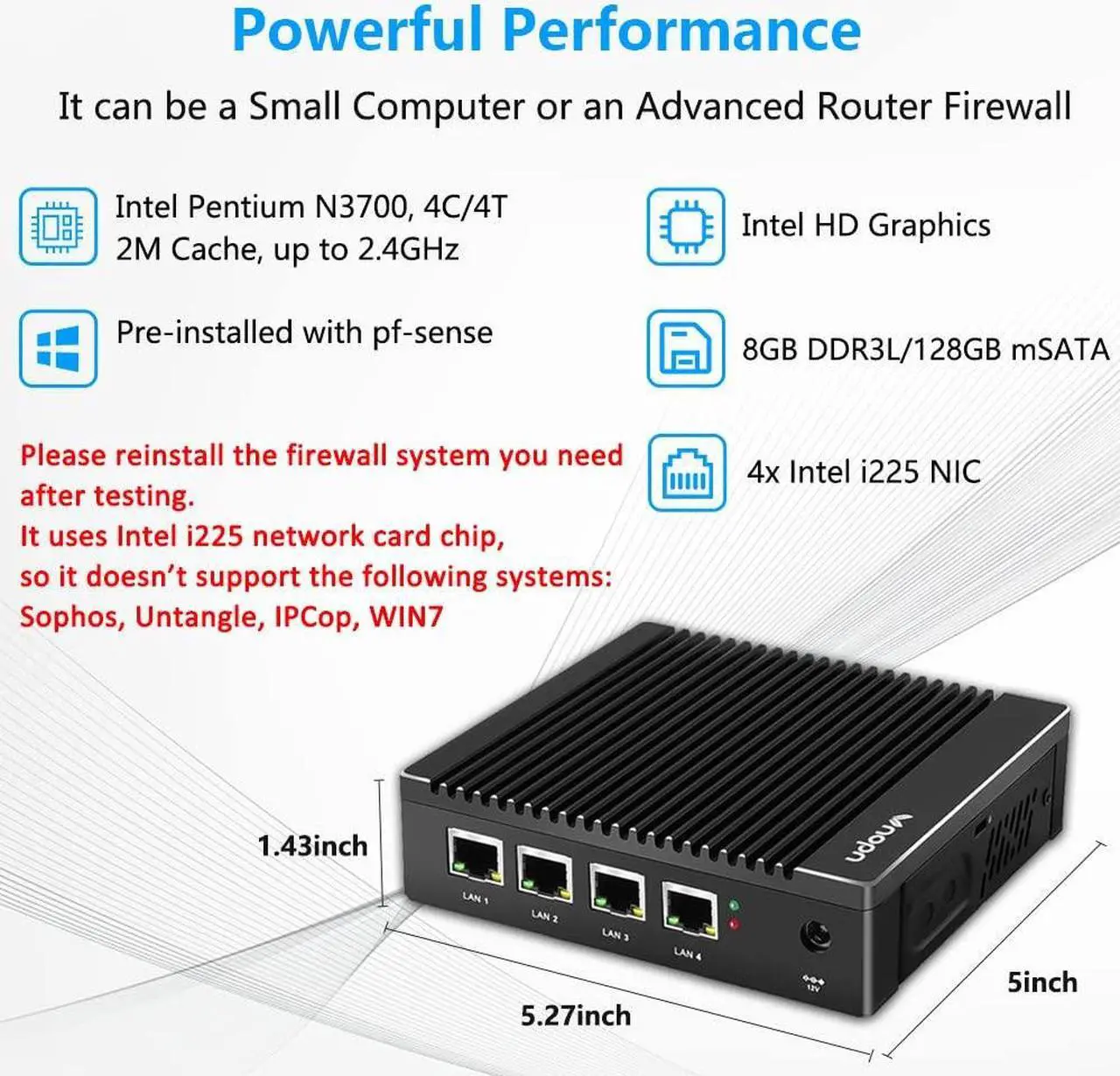 Alt view image 3 of 5 - VNOPN Micro Firewall Appliance N3700 Quad Core, 2.5GbE Intel 4 Ports Dual HD, Fanless Mini PC 8GB DDR3 128GB mSATA SSD, Network Router Box, RS232 COM, Support AES NI Windows 10