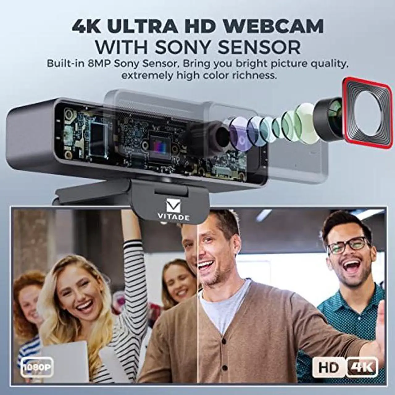 Alt view image 2 of 4 - Vitade 4K Webcam with AI-Powered Framing,Remote Control Web Camera/10X Digital Zoom 30fps cam USB 3.0 HDR/Dual Noise Cancelling Microphones for PC Mac, Streaming, Video Call, Zoom, Skype, Black