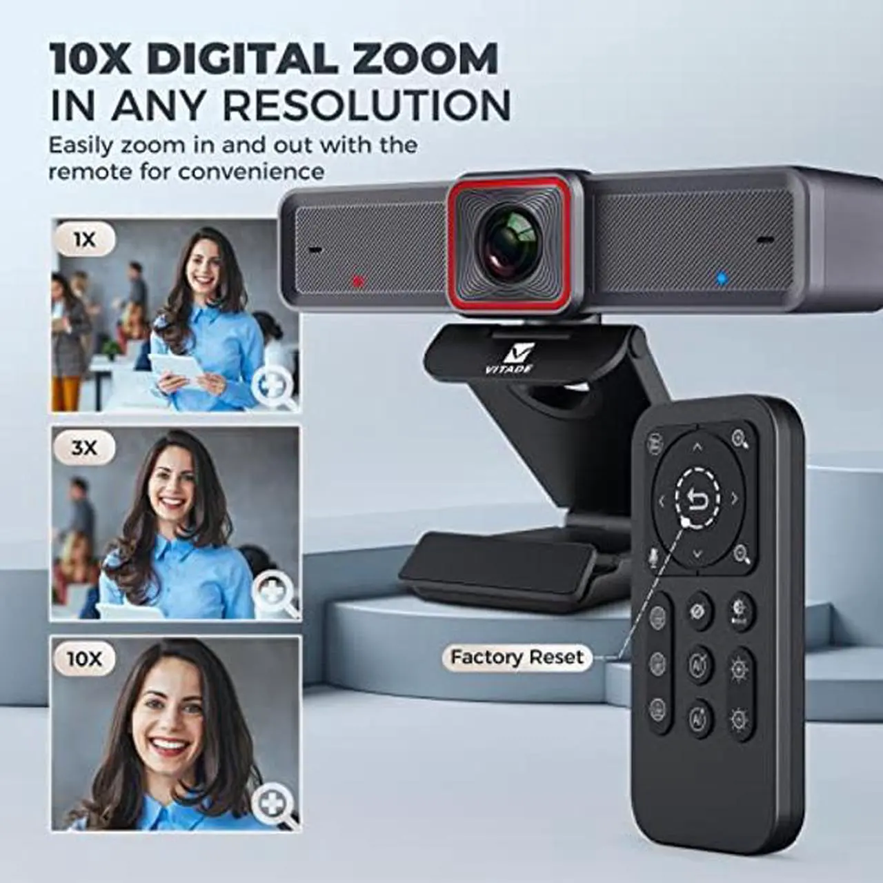 Alt view image 4 of 4 - Vitade 4K Webcam with AI-Powered Framing,Remote Control Web Camera/10X Digital Zoom 30fps cam USB 3.0 HDR/Dual Noise Cancelling Microphones for PC Mac, Streaming, Video Call, Zoom, Skype, Black