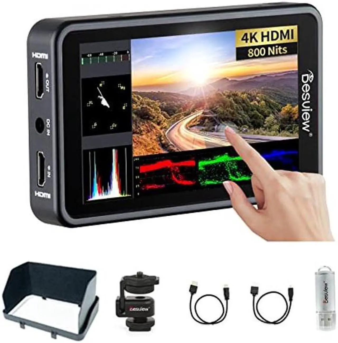 Main image of Desview R5II Camera Monitor, 5.5 inch High Brightness Touch Screen Field Monitor with 3D Lut Full HD 1920x1080 IPS Waveform VectorScope Peaking Focus 4K HDMI 8V DC Input Output for DSLR Camera