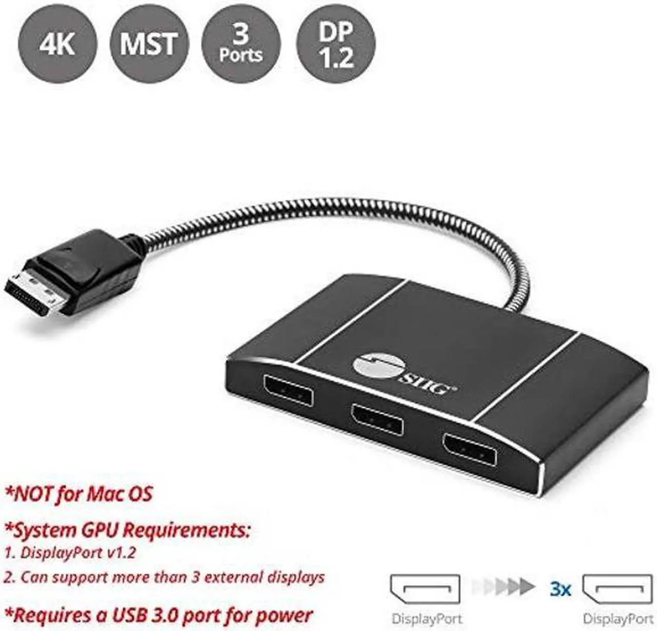 Alt view image 2 of 5 - SIIG 3 Port DisplayPort to DisplayPort MST Hub 4k UHD - 1x3 DP to DP Muti Monitor Splitter - Multi-Stream Transport (MST) Technology - Ultra HD up to 3840x2160 @ 30Hz (4K)
