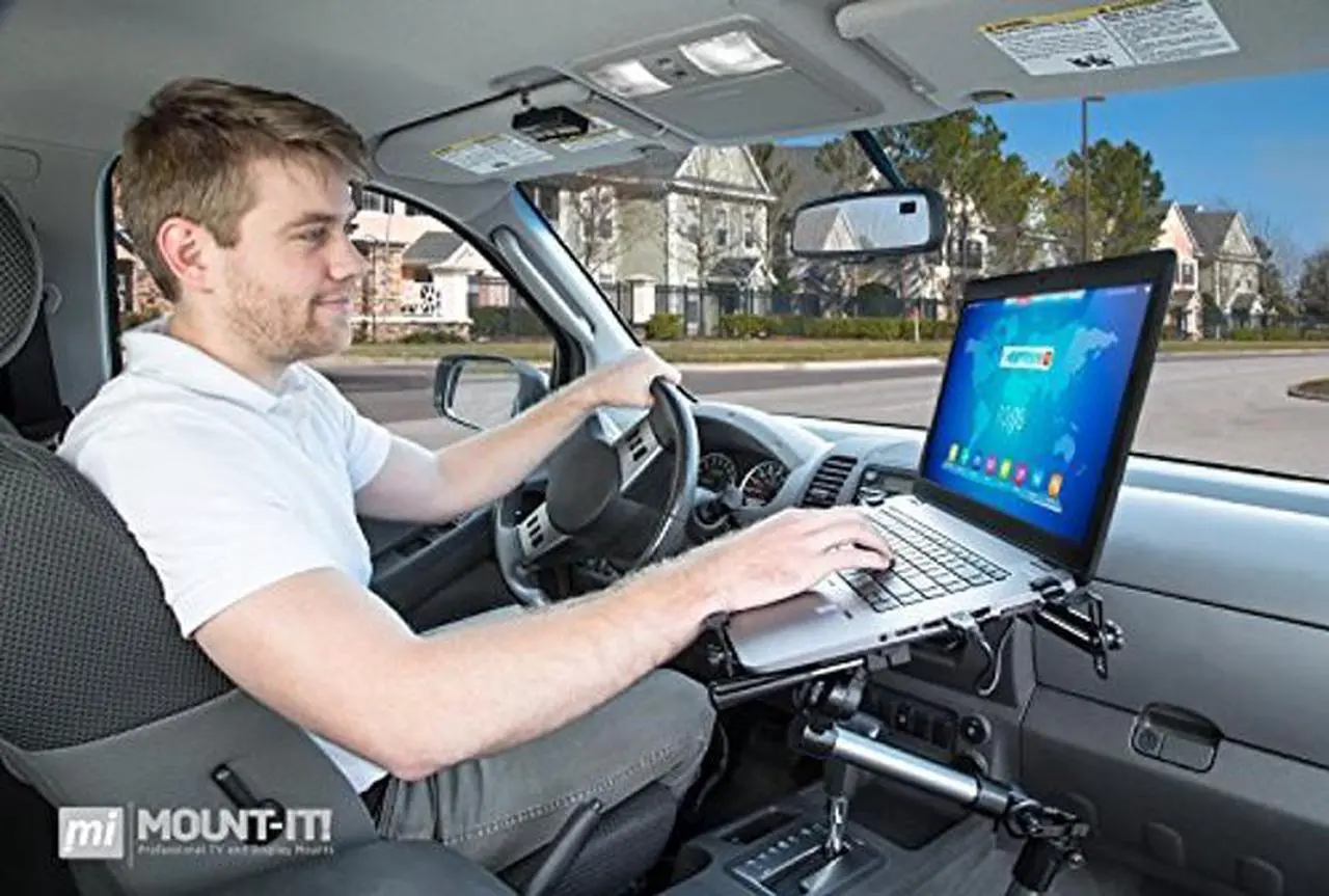 Alt view image 4 of 5 - Mount-It! Car Laptop Mount Notebook Tablet Holder for Commercial Vehicles, Trucks Fits iPad and Other Tablet Computers, Heavy-Duty Design with Full Motion Tray, Extendable Arms, Lockable Arm