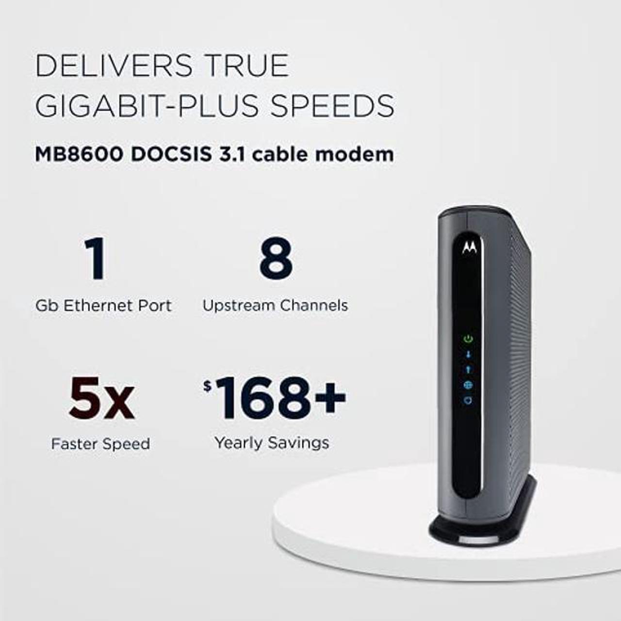 Alt view image 2 of 5 - Motorola MB8600 DOCSIS 3.1 Cable Modem - Approved for Comcast Xfinity, Cox, and Charter Spectrum, Supports Cable Plans up to 1000 Mbps | 1 Gbps Ethernet Port