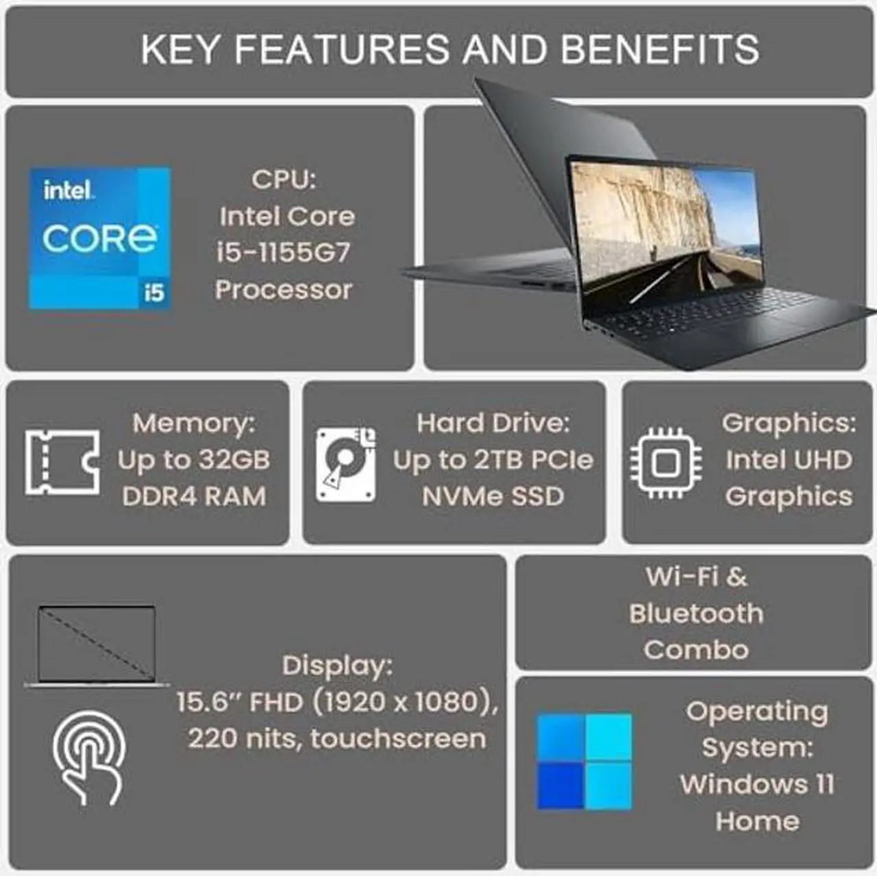 Alt view image 3 of 4 - Dell Inspiron 3000 Series Laptop, 15.6" FHD Touchscreen, Intel Core i5-1135G7, 16GB DDR4 RAM, 1TB Storage(512GB SSD+500GB HDD), Webcam, SD Card Reader, Wi-Fi, Windows 11 Home, Black