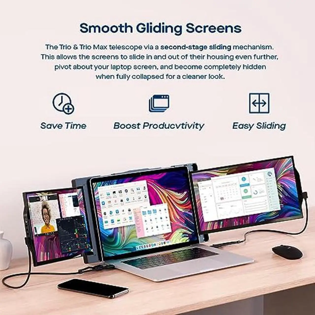 Alt view image 3 of 5 - Trio 13.3" Mobile Pixels Portable Laptop Monitor(2023 Version), FHD IPS Triple Monitor with Built-in Kickstand, Type-C/USB A Laptop Screen Extender(Optional Magnets), Windows/Android/macOS/Switch