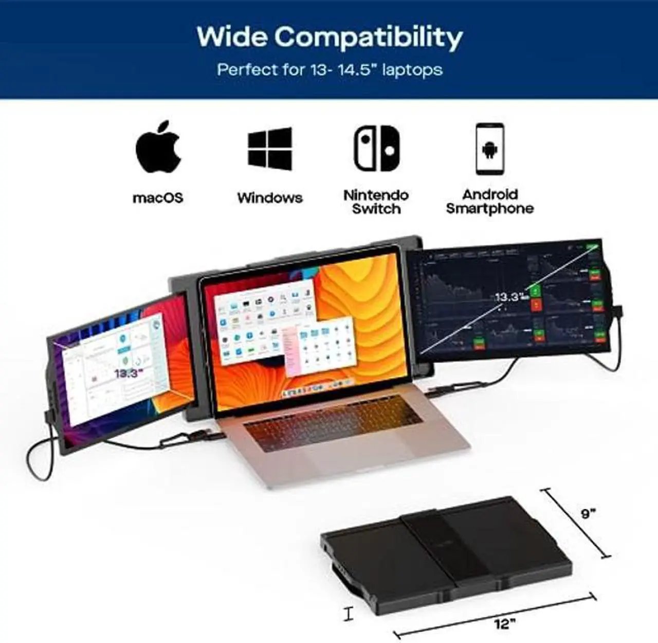 Alt view image 5 of 5 - Trio 13.3" Mobile Pixels Portable Laptop Monitor(2023 Version), FHD IPS Triple Monitor with Built-in Kickstand, Type-C/USB A Laptop Screen Extender(Optional Magnets), Windows/Android/macOS/Switch