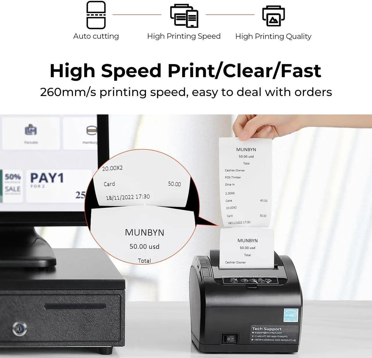 Alt view image 4 of 5 - MUNBYN WiFi Receipt Printer with USB Port, 80mm POS Printer and Black Cash Register Drawer, 16" Wide Cash Drawer with Removable Coin Tray