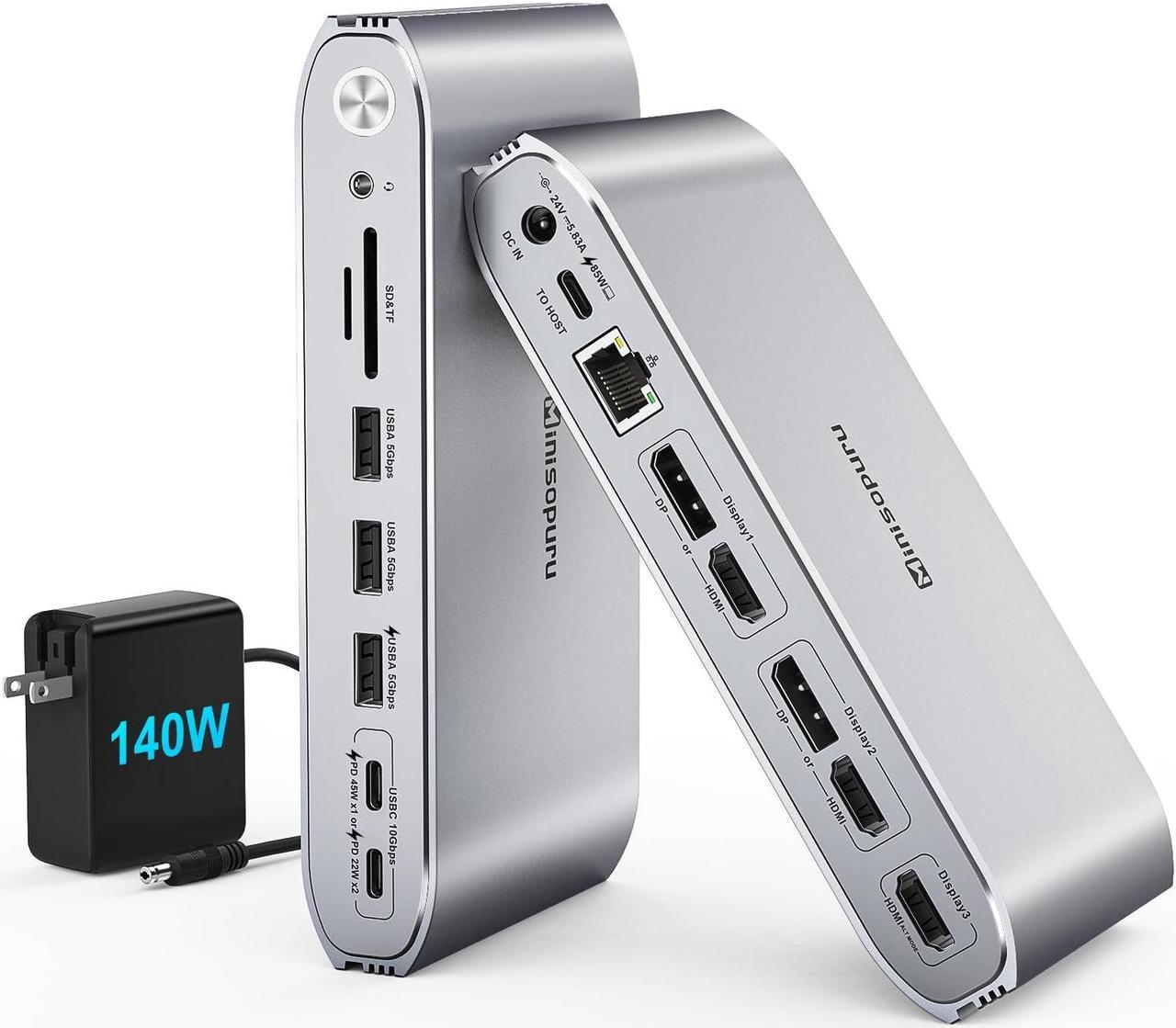 Main image of Minisopuru Upgrade DisplayLink Docking Station Triple Monitor with 140W Power Adapter, USB C Dock for MacBook/Windows/Thunderbolt 4/3 (3XHDMI,2XDisplayPort, 2X10Gbps & Charging USB C,3X USB A,SD/TF)