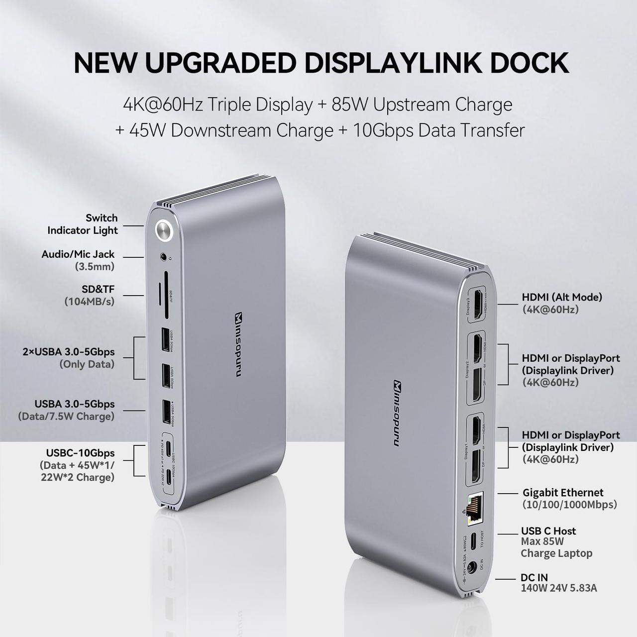 Alt view image 2 of 5 - Minisopuru Upgrade DisplayLink Docking Station Triple Monitor with 140W Power Adapter, USB C Dock for MacBook/Windows/Thunderbolt 4/3 (3XHDMI,2XDisplayPort, 2X10Gbps & Charging USB C,3X USB A,SD/TF)
