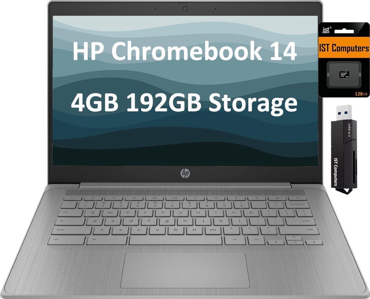 Main image of HP Chromebook 14a 14" HD (Intel Celeron N4120, 4GB RAM, 192GB Storage (64GB eMMC + 128GB IST SD Card)) Home & Student Laptop, Long Battery Life, SD Card Reader, Webcam, Wi-Fi, Type-C, Chrome OS, Grey