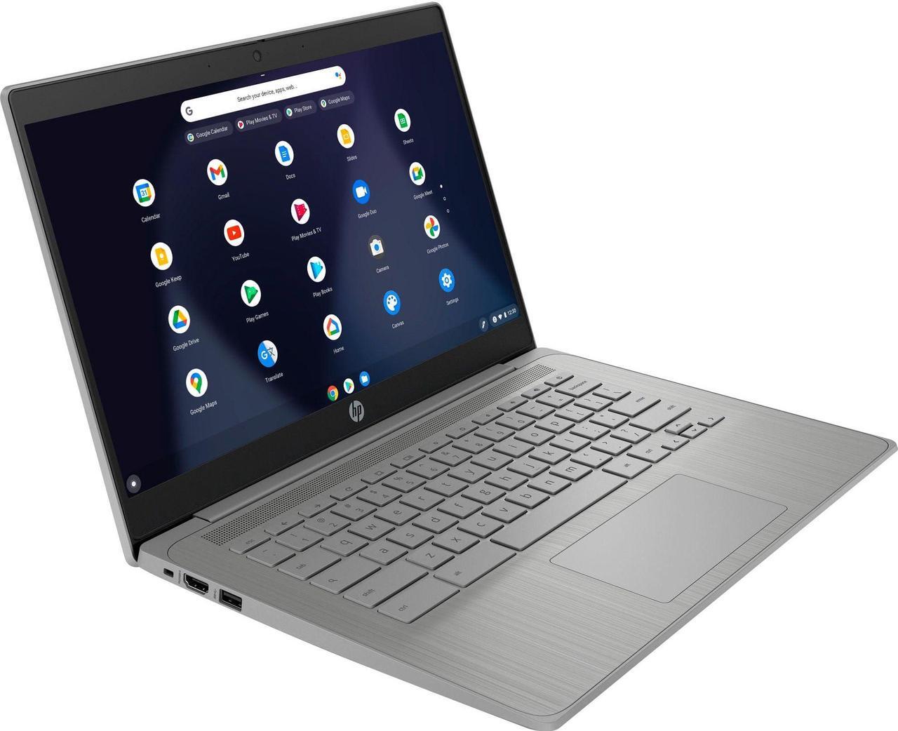 Alt view image 3 of 4 - HP Chromebook 14a 14" HD (Intel Celeron N4120, 4GB RAM, 192GB Storage (64GB eMMC + 128GB IST SD Card)) Home & Student Laptop, Long Battery Life, SD Card Reader, Webcam, Wi-Fi, Type-C, Chrome OS, Grey