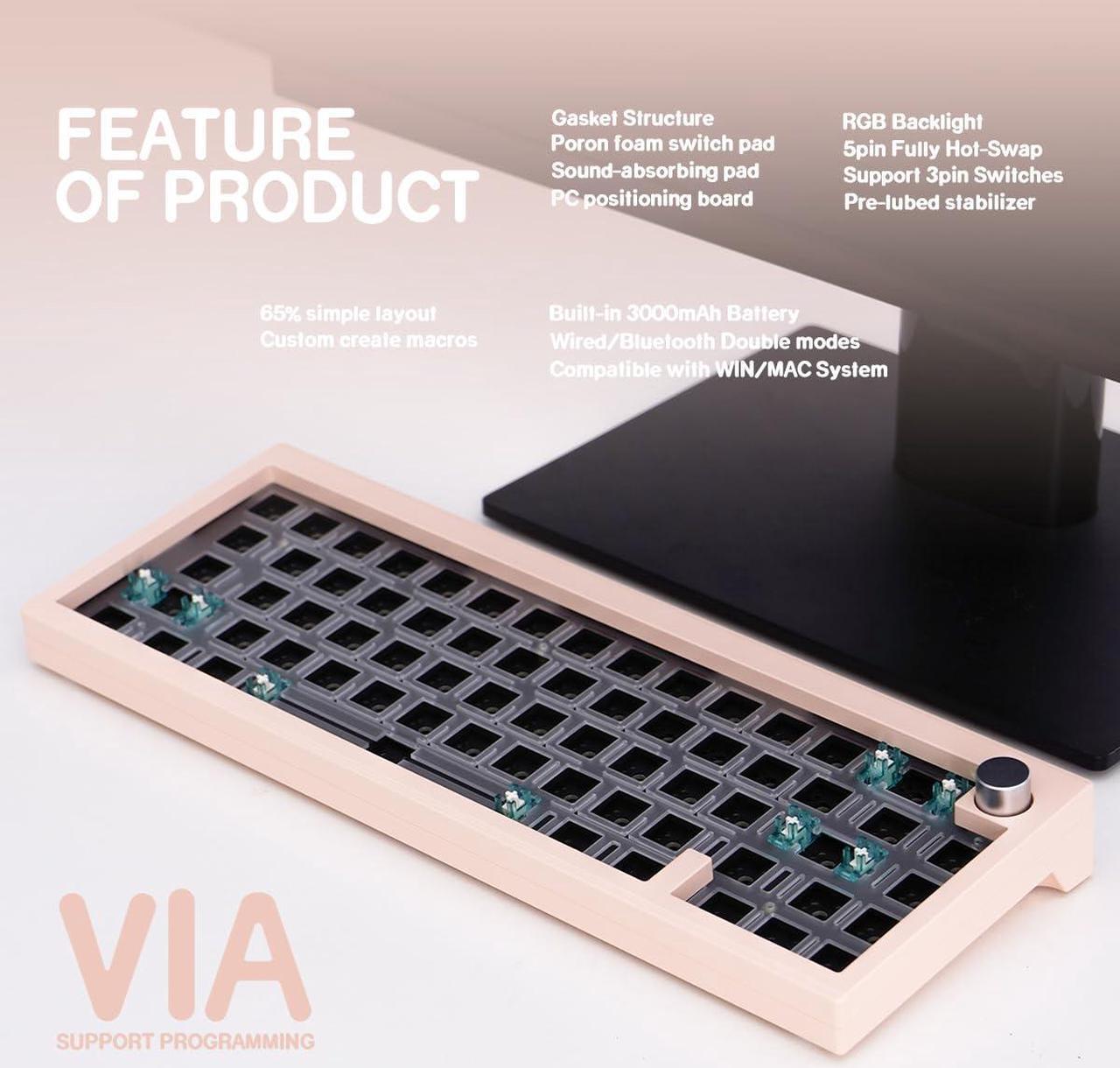 Alt view image 2 of 5 - SUEHIODHY CIDOO V65 V2 Hot Swappable Mechanical Keyboard Kit, 65% Gasket Mount Aluminum CNC Casing with VIA Programmable Volume Knob Gaming Keyboard for Win/Mac (Pink)