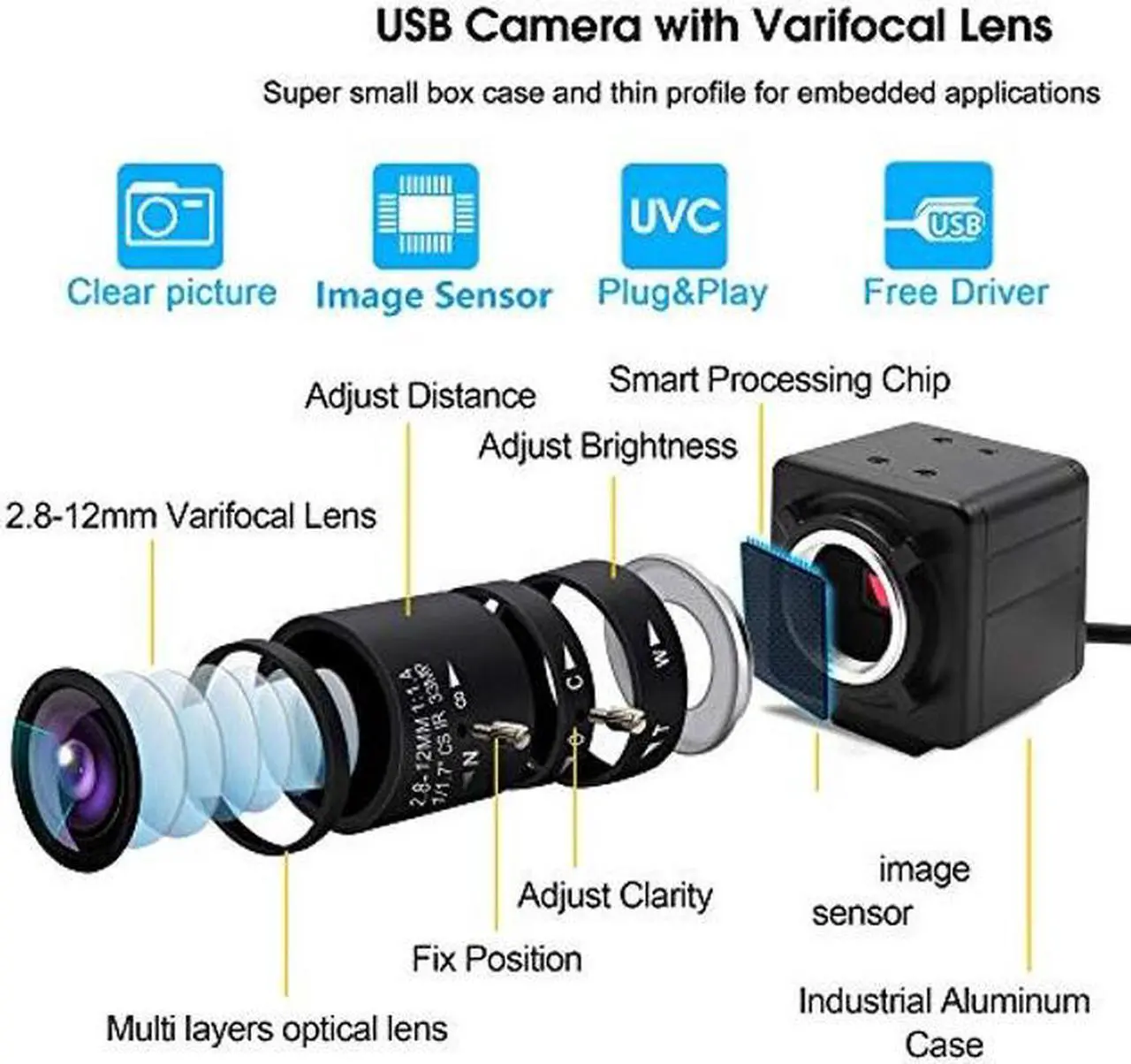 Alt view image 2 of 5 - 4K Webcam with 2.8-12mm Varifocal Lens, Plug&Play Sony IMX317 Sensor USB Camera Video Surveillance Streaming Computer Webcam 3840x2160@30fps USB Camera for Windows Linux Android Mac