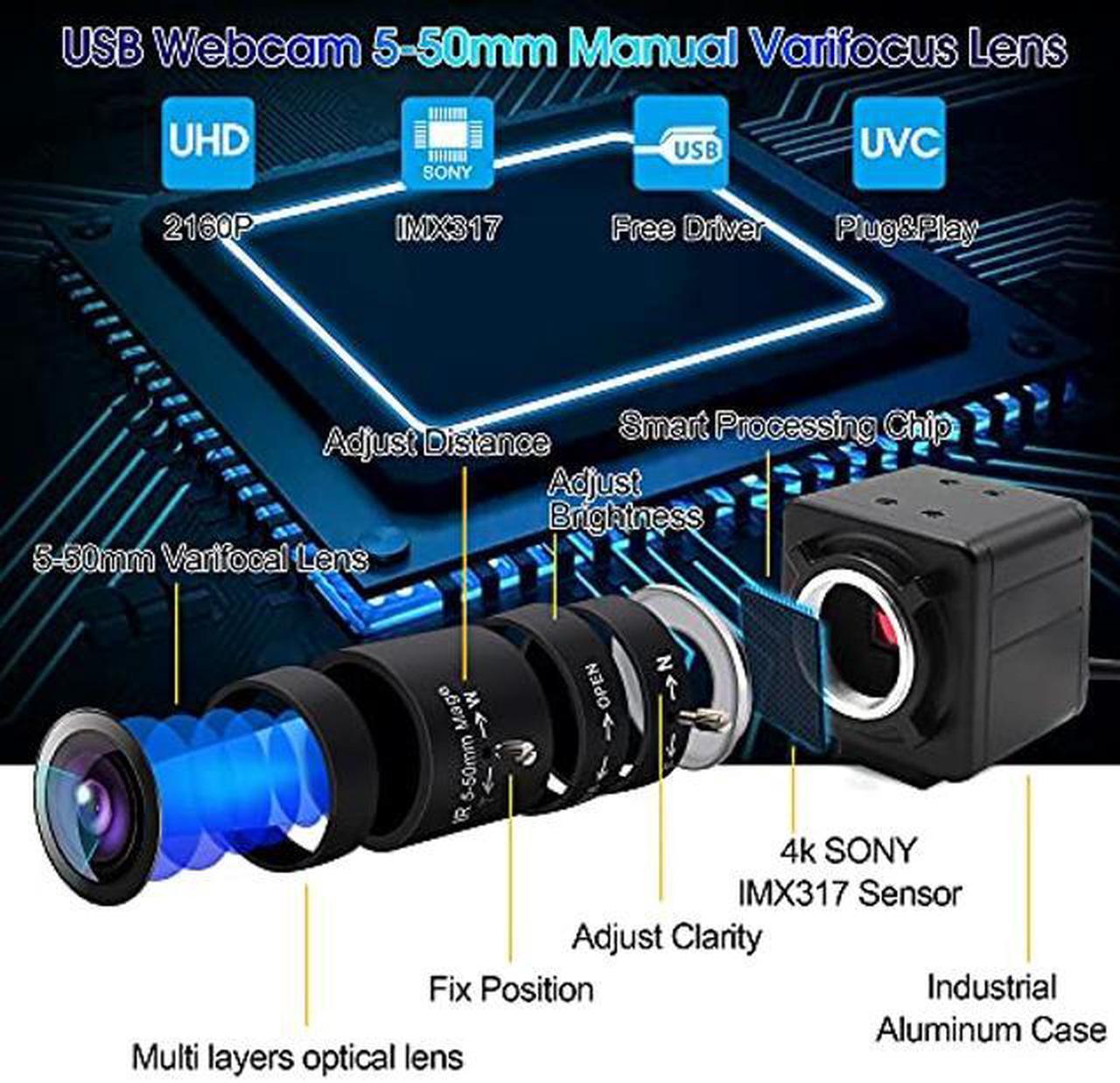 Alt view image 2 of 5 - 4K USB Camera Manual Zoom Webcam 5-50mm Variable Focus PC Camera for Computer Mini UVC USB2.0 Web Camera IMX317 Varifocal USB with Camera Industrial Video Close-up Camera for Laptop Android Mac
