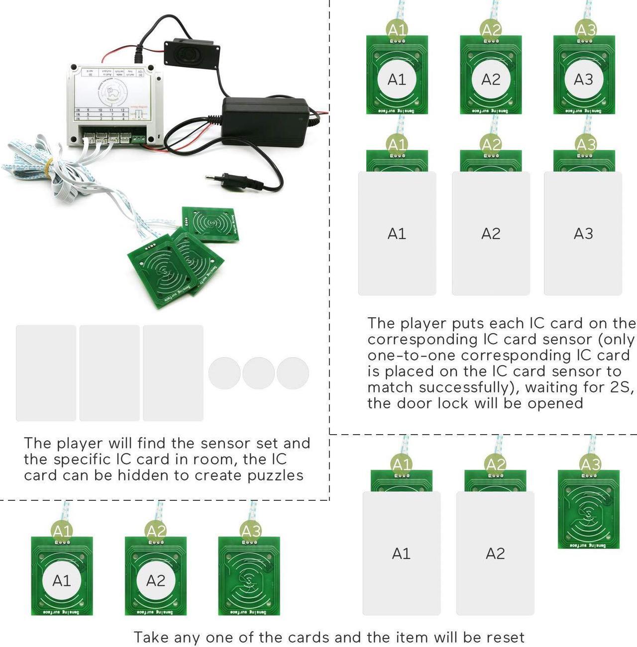 Alt view image 4 of 4 - BearHoHo Room Escape Props 3 RFID Reader,3 IC Card One to One to Unlock Chamber of Secrets Game Prop (3 Sensor, with Audio)