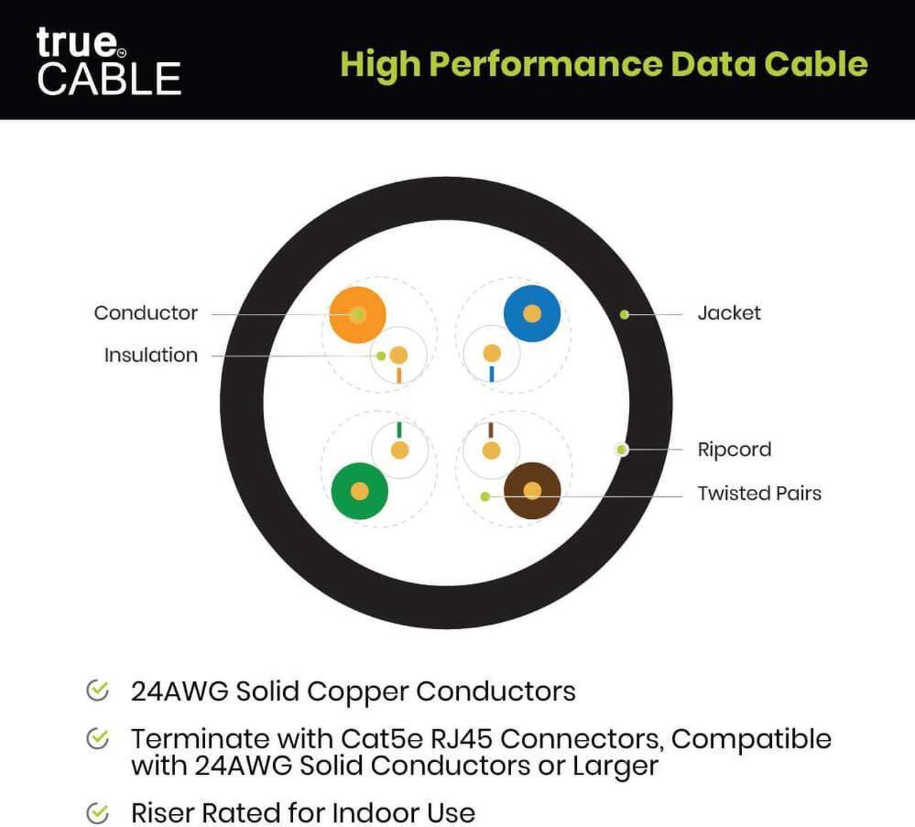 Alt view image 5 of 5 - trueCABLE Cat5e Riser (CMR), 1000ft, Purple, 24AWG 4 Pair Solid Bare Copper, 350MHz, PoE++ (4PPoE), ETL Listed, Unshielded Twisted Pair (UTP), Bulk Ethernet Cable