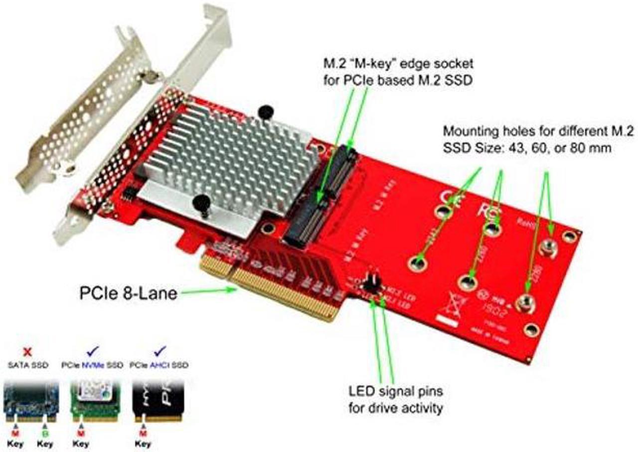 Alt view image 2 of 5 - Ableconn PEXM2-130 Dual M.2 PCIe NVMe SSD Adapter Card - PCI Express 3.0 x8 / x16 Support 2X M.2 NGFF (M-Key) PCIe NVMe SSD for Mac & PC (ASMedia ASM2824 Switch) - PCIe NVMe Adapter Dual