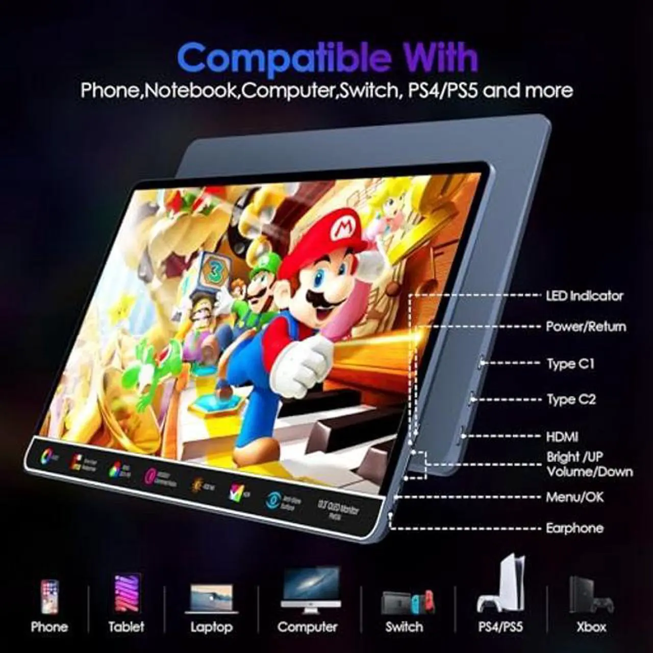 Alt view image 4 of 5 - KOHO Portable Monitor 13.3inch OLED 1080P FHD Laptop Monitor USB-C HDMI Computer Display HDR Eye Care External Screen w/Stand & Speakers,for Laptop PC MAC Phone Xbox Switch PS5-S1 Table