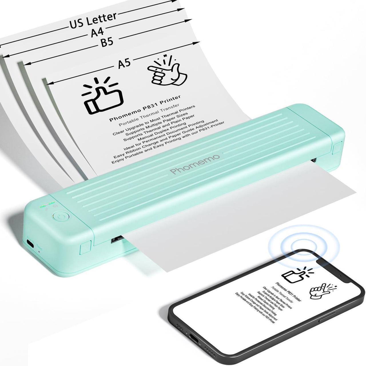Main image of Phomemo Portable Printers Wireless for Travel, P831 Bluetooth Thermal Transfer Printer Support 8.5" x 11" US Letter/A4/A5/B5 Copy Paper, 300DPI Inkless Mobile Printer for iPhone, Android & Laptop