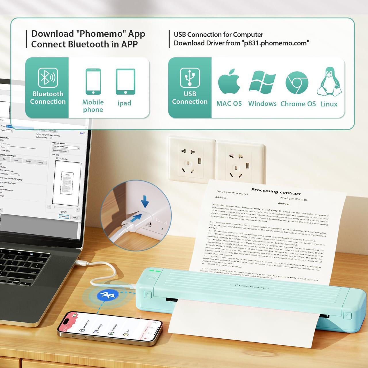 Alt view image 3 of 4 - Phomemo Portable Printers Wireless for Travel, P831 Bluetooth Thermal Transfer Printer Support 8.5" x 11" US Letter/A4/A5/B5 Copy Paper, 300DPI Inkless Mobile Printer for iPhone, Android & Laptop