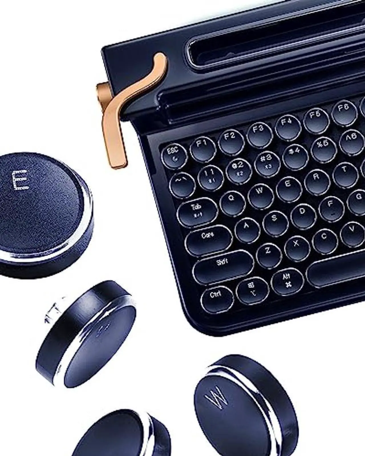 Alt view image 2 of 5 - FINEDAY Keyboard 3.0, Blue Switch, Retro Wireless Mechanical Keyboard, Typewriter Designed, Bluetooth 5.0 & USB up to 4 Devices, for Desktop PC/Laptop Mac/Phone (83 Aluminum keycap-Navy)