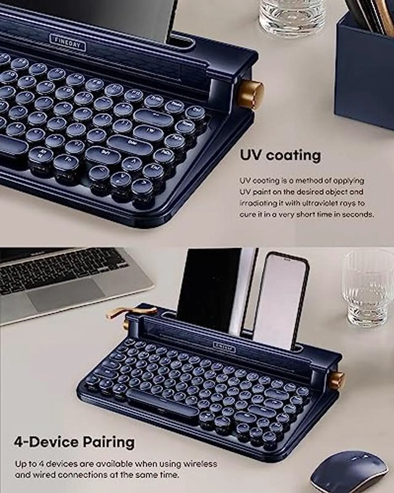 Alt view image 5 of 5 - FINEDAY Keyboard 3.0, Blue Switch, Retro Wireless Mechanical Keyboard, Typewriter Designed, Bluetooth 5.0 & USB up to 4 Devices, for Desktop PC/Laptop Mac/Phone (83 Aluminum keycap-Navy)