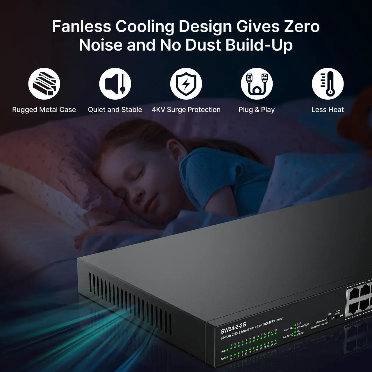 Alt view image 5 of 5 - 24 Port 2.5G Ethernet Switch Unmanaged Network Switch with 24 x 2.5 Gigabit | 2 x 10G SFP+ | Work with 10-100-1000Mbps Devices | 160G Bandwidth | Plug & Play | Fanless Quiet Metal Internet Switch