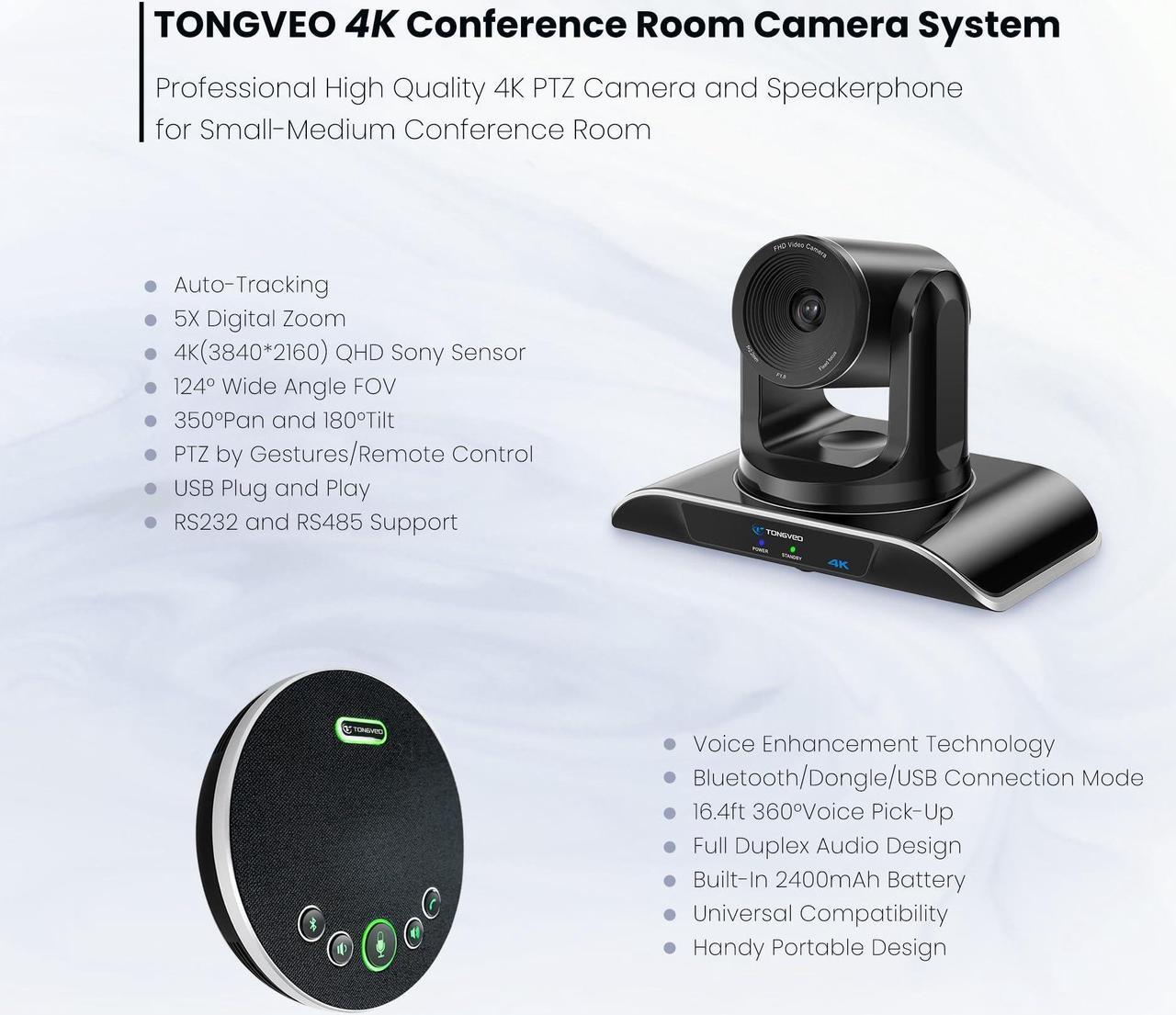 Alt view image 3 of 5 - TONGVEO 4K Conference Room Camera System, AI Auto-Tracking PTZ Camera 5X Digital Zoom with Wireless Bluetooth Speakerphone Set USB 124-Degree Wide-Angle for Zoom Skype Teams OBS and More