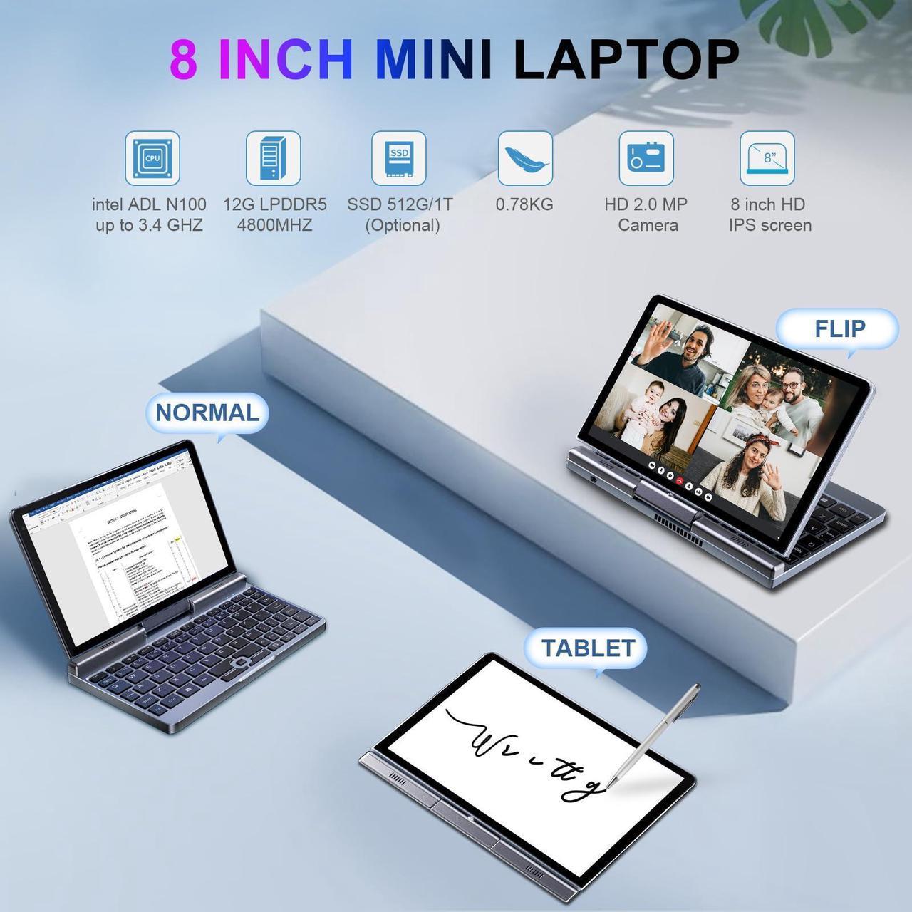 Alt view image 2 of 5 - KOOSMILE Mini Laptop,8 inch HD Touch Screen Mini Computer Windows 11 Pro,Intel N100 4 Cores 2-in-1 Pocket PC 12GB LPDDR5 RAM 1TB M.2 SSD, Gigabit | Wi-Fi 6 | BT5.2 | 2MP Camera | G-Sensor | HDMI