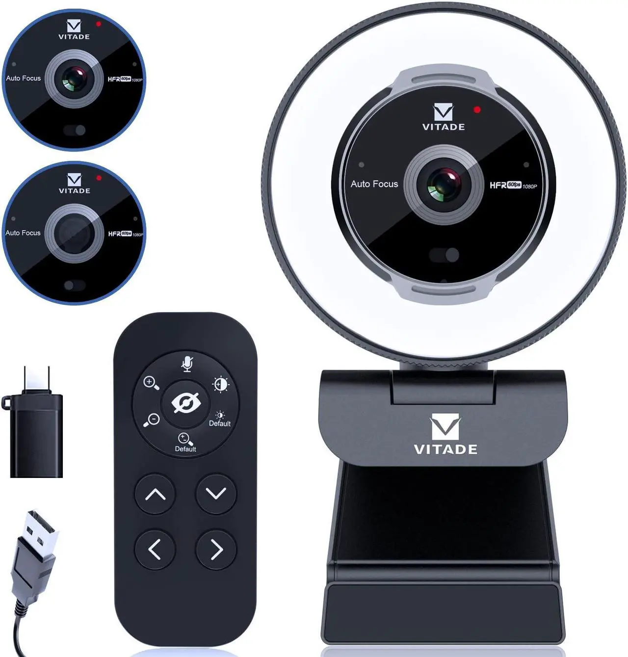 Main image of Zoomable Webcam with Remote Control, Vitade 1080P 60FPS Streaming Webcam with Ring Light and Microphone, Pro USB Webcam with 5X Digital Zoom Built in Privacy Cover for Zoom/Skype Teams/PC/Laptop/Mac